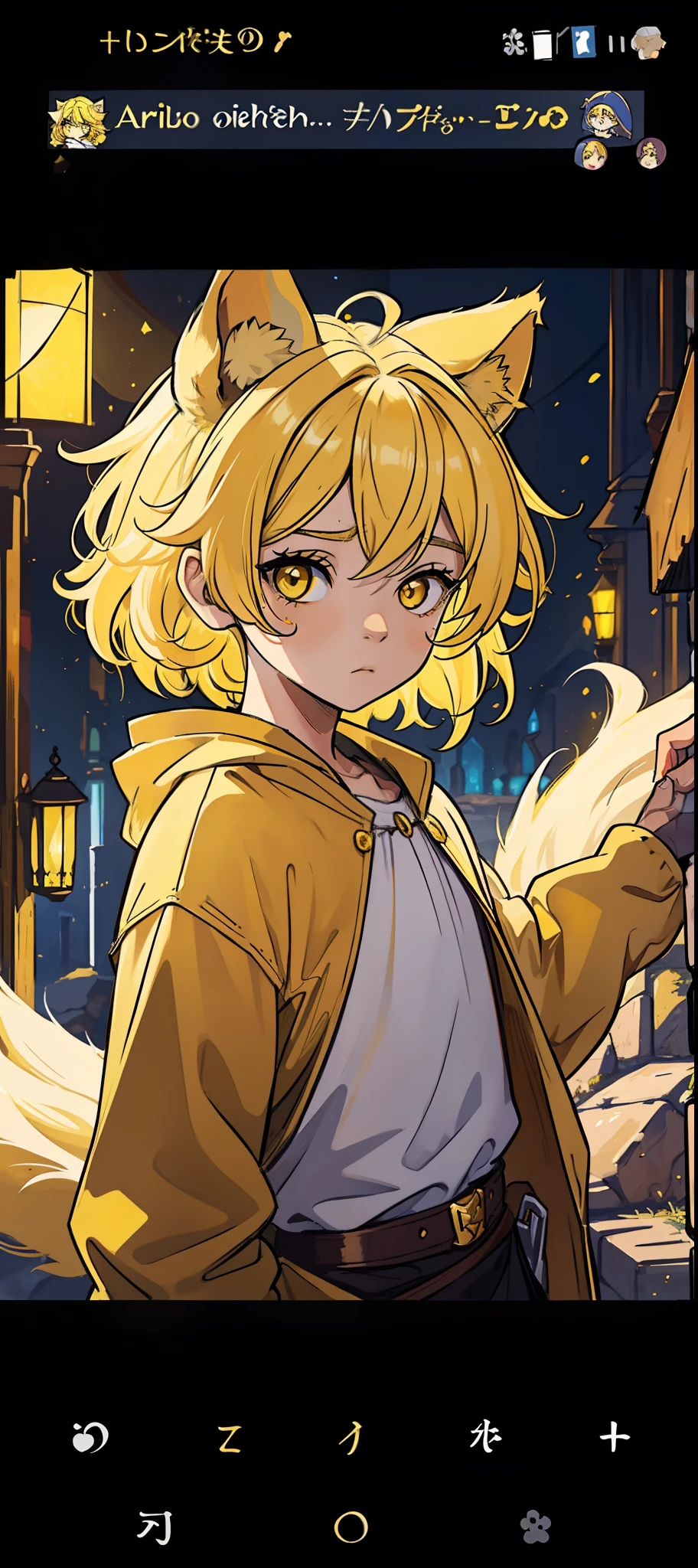 Portrait of a 3-year-old boy with chibi lion ears, loiro olhos dourados fundo com magia, cabelos ao vento Uma arte medieval para um RPG vestindo-se com roupas nobres UM npc para um RPG ((yellow eyes)) ((yellow hair))