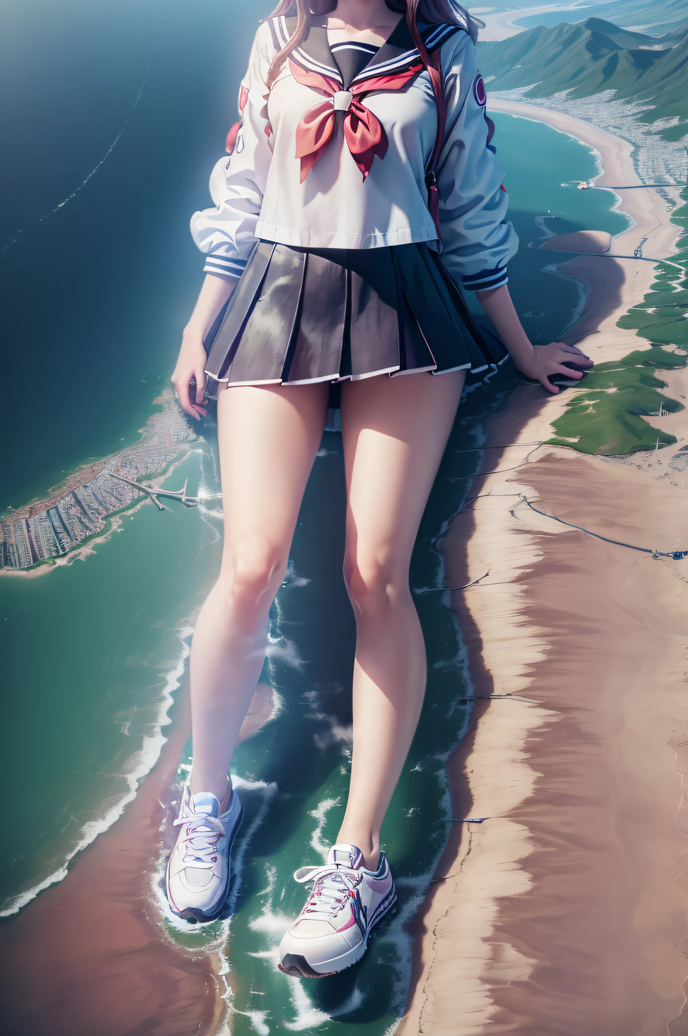 smirk, Surrealism, drop shadow, anaglyph, tachi-e, pov, atmospheric perspective, cinematic lighting, Surrealism, 8k, super detail, ccurate, best quality，Slightly skinny giant female high school girl wearing white sneakers，short  skirt，a sailor suit，Teenage girls destroy cities，mountain ranges，Maidens are taller than cities