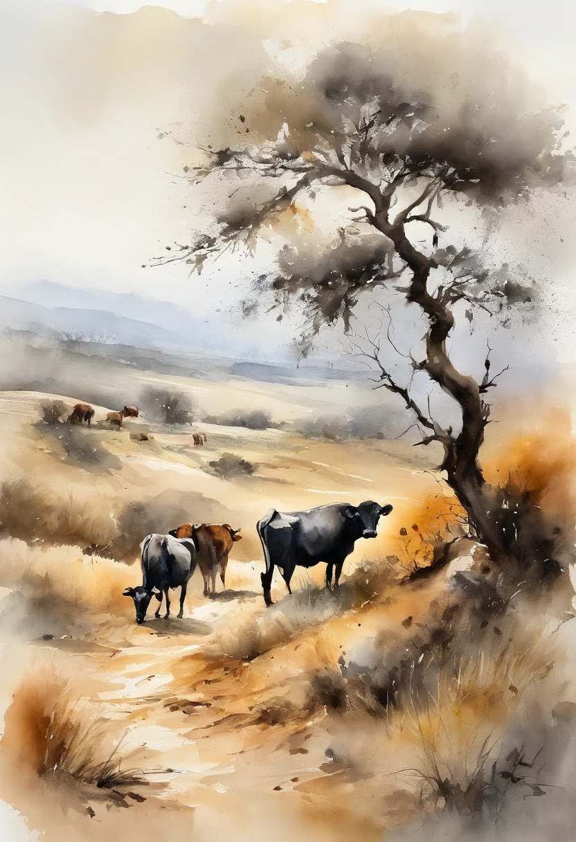 Serengeti landscape painting, ink and watercolor painting, water ink, ink, Stain, Distant view, Ultra wide angle of view, Meticulous, Five cows scheme, Five scalps, Riverside, grassy fields, Tree, Landscape is a mountain,(8k wall paper),,light and shadow effect),octane processing,White balance design,Highly detailed picture depiction,wide angles,depth of field,masterpiece,realistic,Beautifully depicted,Detailed,accurate,Masters' works masterpiece