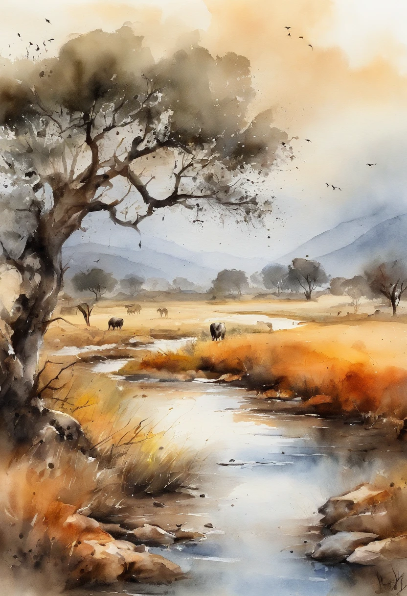 Serengeti landscape painting, ink and watercolor painting, water ink, ink, Stain, Distant view, Ultra wide angle of view, Meticulous, Five cows scheme, Five scalps, Riverside, grassy fields, Tree, Landscape is a mountain,(8k wall paper),,light and shadow effect),octane processing,White balance design,Highly detailed picture depiction,wide angles,depth of field,masterpiece,realistic,Beautifully depicted,Detailed,accurate,Masters' works masterpiece