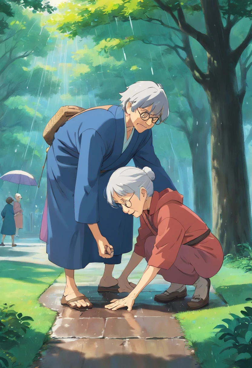 a young man man helps an old woman that fell on the ground to stand up , in the park , its raining