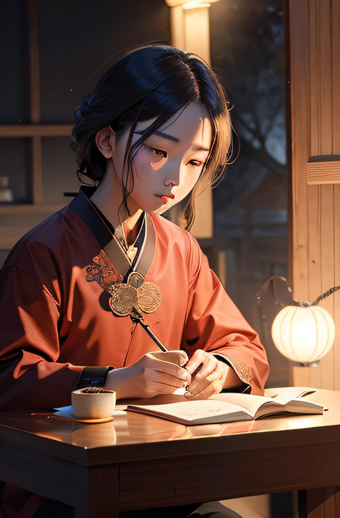 Mid-Autumn Festival,Bean paste flavored mooncake theme,Ancient wind,Study diligently,Diligent college students,The chest decoration is mooncake style,Simple,Eyes are focused