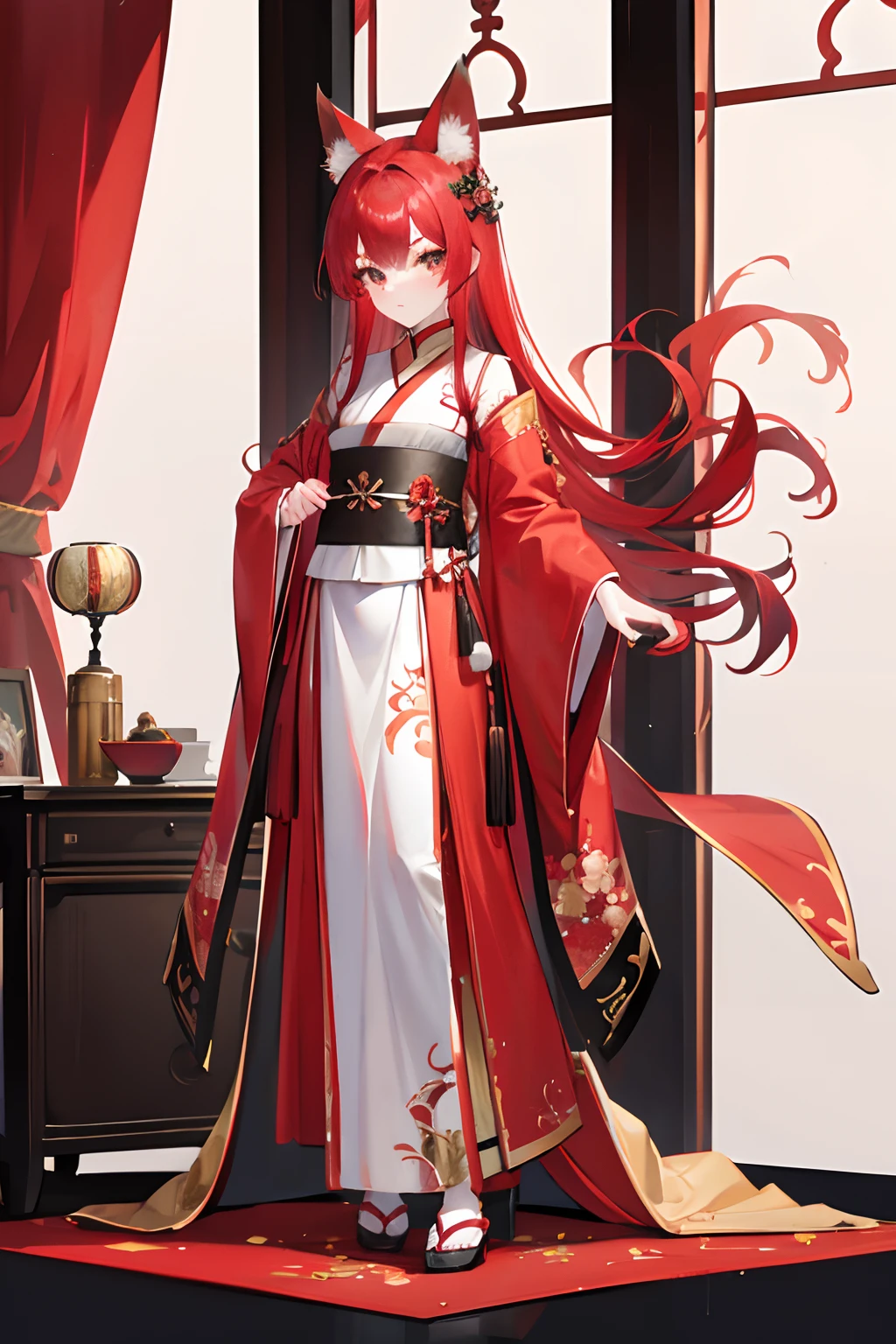 red tinted hair,Red fox ears,Golden eyes,,Hanfu,China-style,full bodyesbian,Full body standing painting