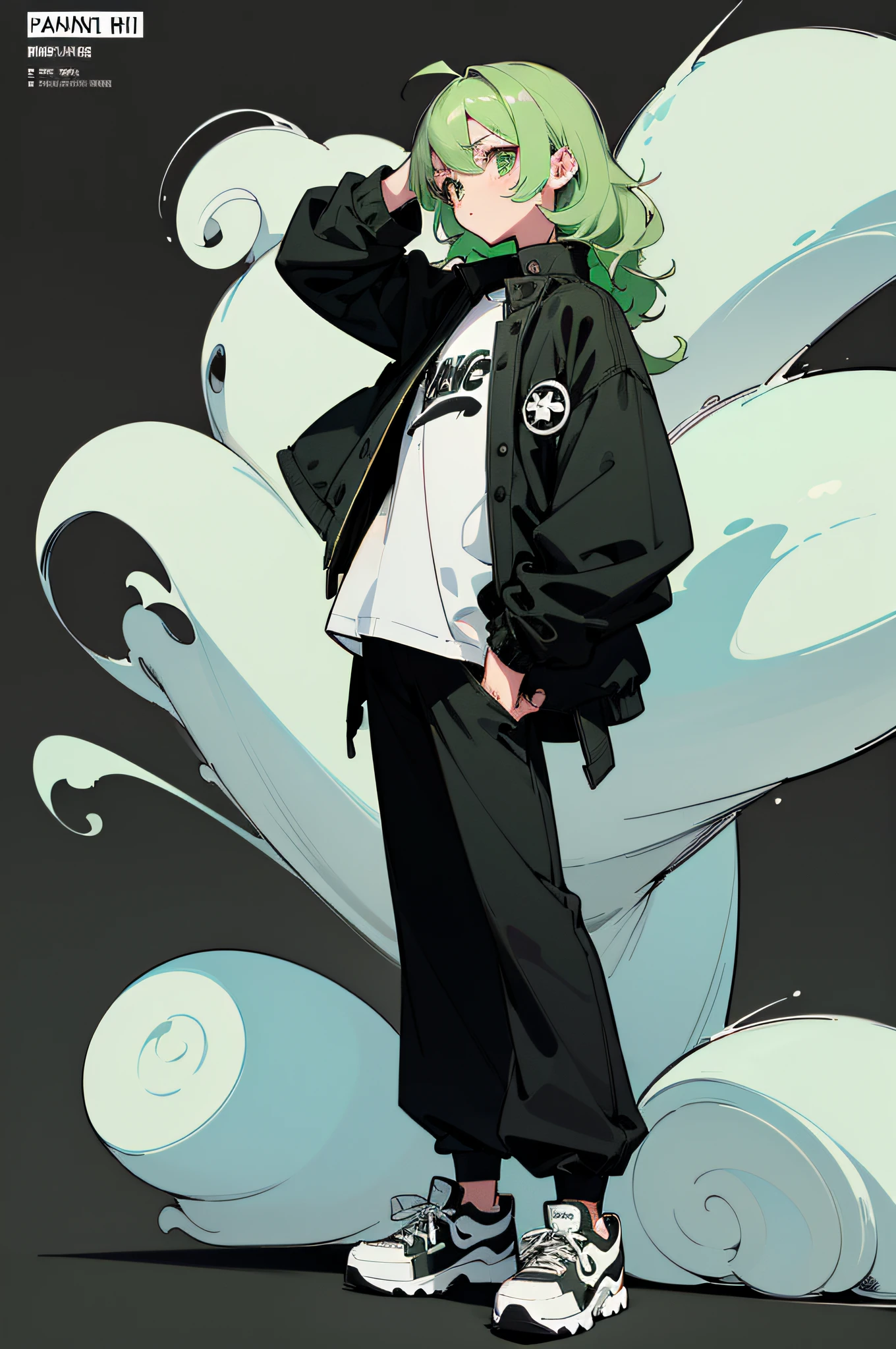 (((1 girl, Solo, Alone))),(((Look away, Not looking at the camera))), (((solid black background))),(((Cartoonish style, quadratic element, Simple Color Scheme))), (Natural posture, Full body, Standing, Natural posture, upright posture), ((((Emphasis on image quality, top-quality, comic strip, masterpiece, 超A high resolution)))), (crisp lines, Crisp Contours, Clean lines),((Anime, big eye, Deformation, Cute, Anime Character, Simple Color Scheme, Eye Highlight, Simple little nose, Less hair highlights, smooth lines)), (Ryo Yamada(Botch the Rock))、( Hair color is lime green, Wavy Hair), ((((Wear a big black jacket、Wear a long shirt、punk fashion,Please wear simple black pants and sneakers )))), (boyish, Serious, Cool),