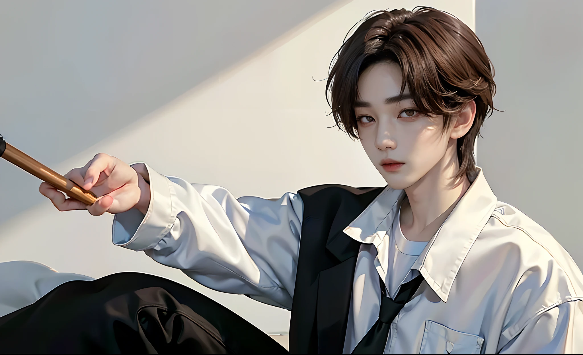 masterpiece、(top-quality)、((high-level image quality))、One Manly Boy、((White Y-shirt and long black pants))、(Detailed beautiful eyes)、Stylish homeroom、Take a selfie while sitting with your back to the wall、Face similar to Chaewon in Ruseraphim、((short hair above the ears))、((Smaller face))、((Neutral face))、((Light brown eyes))、((Korean boy))、((18year old))、((Handsome man))、((Wild look))、((Korean Makeup))、((elongated and sharp eyes))、((selfy))、((Selfie near face))、((Close-range shooting))