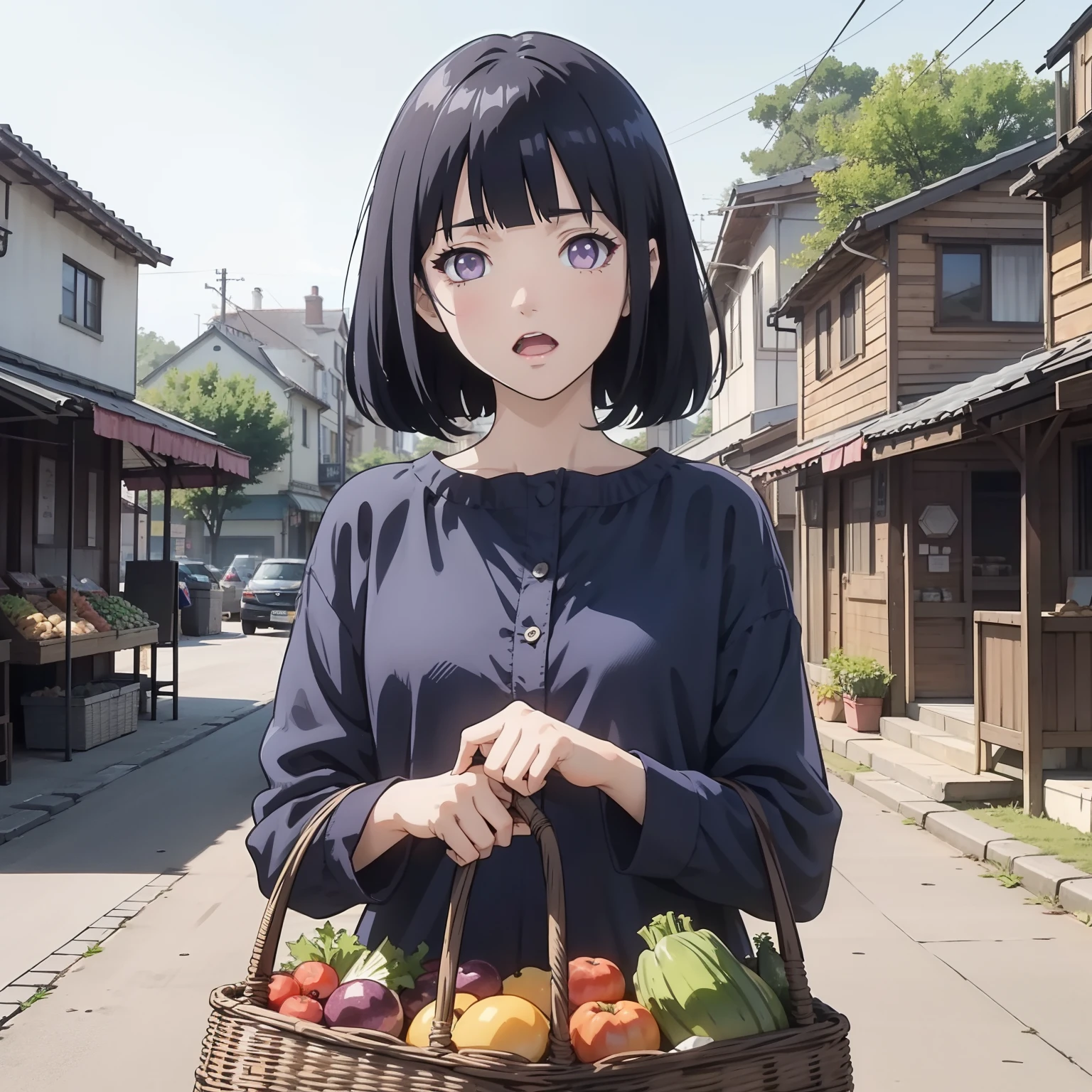 A middle-aged aunt in a blue shirt with short dark blue hair standing in front of a small town market with a vegetable basket in her hand (Happy 1.5) (Open Mouth 1.2) (Wrinkle 1.5) (Middle-aged Aunt 1.5) (Upper Body Display 1.5) (Village House 1.5 in the background) (Cinematic Light 1.5) (Master Masterpiece: 1.4), Hyper Detail, Blunt Bangs, purple eyes,Anime Style 4 K, Anime Rendering, Anime Style. 8k，