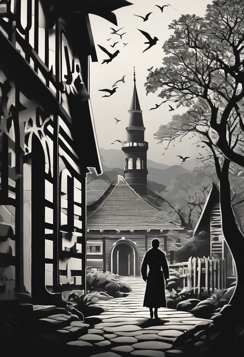 Realist dark oil painting of a medieval village at sunrise, Mossy, Mist, Foggy, Shadows, misterious, Mitris, Dark, Light shines on the woods, Ambient, Depth of field, voluminetric lighting, Cinematic lighting, Moody, Heavy darkness, Black sky, low angle perspective, author:Evan Earle