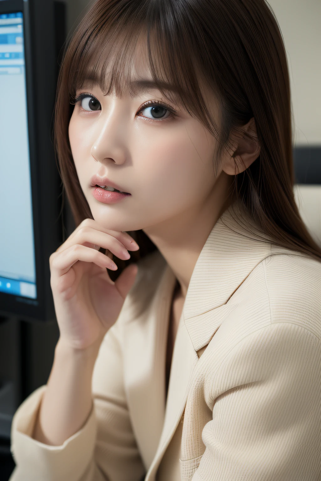 (in 8K、Raw photography、top-quality、masterpiece:1.2)、30-years old、(japanes)、1人の女性、A detailed face、A detailed eye、Detailed mouth、in a office、Sitting in an office chair in front of a computer、Troubled face、wears a suit