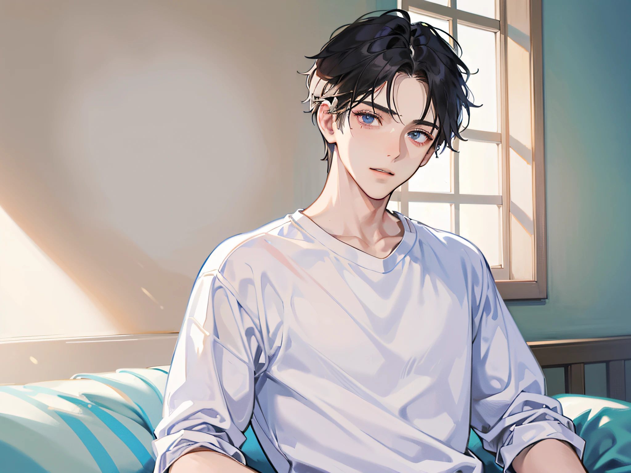(Man in a white T-shirt 1.4) (Facial pain 1.5) (Sit in the corner of ward 1.4) (Open Your Eyes 1.3) (Show upper body 1.4),wearing pajama