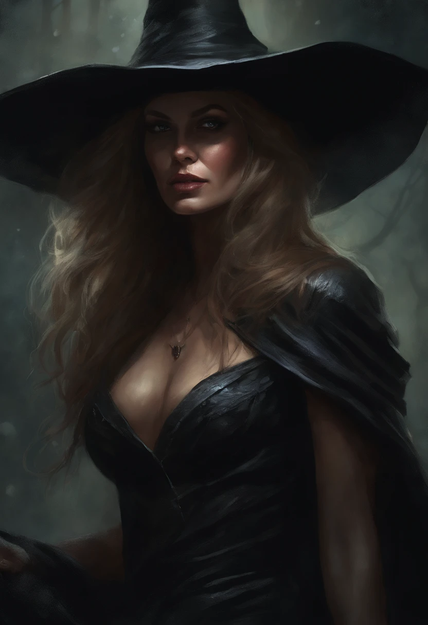 A painting of a witch with a pointed hat, carnage, Sci - Horror Art of Fiction, Science fiction horror artwork, inspired by Aleksi Briclot, woman, de carnage, Horror fantasy art, par Aleksi Briclot, Horror concept art, venin, Art fantastique et horreur, Detailed illustration of 4K horror, grinning, Dark Horror Art