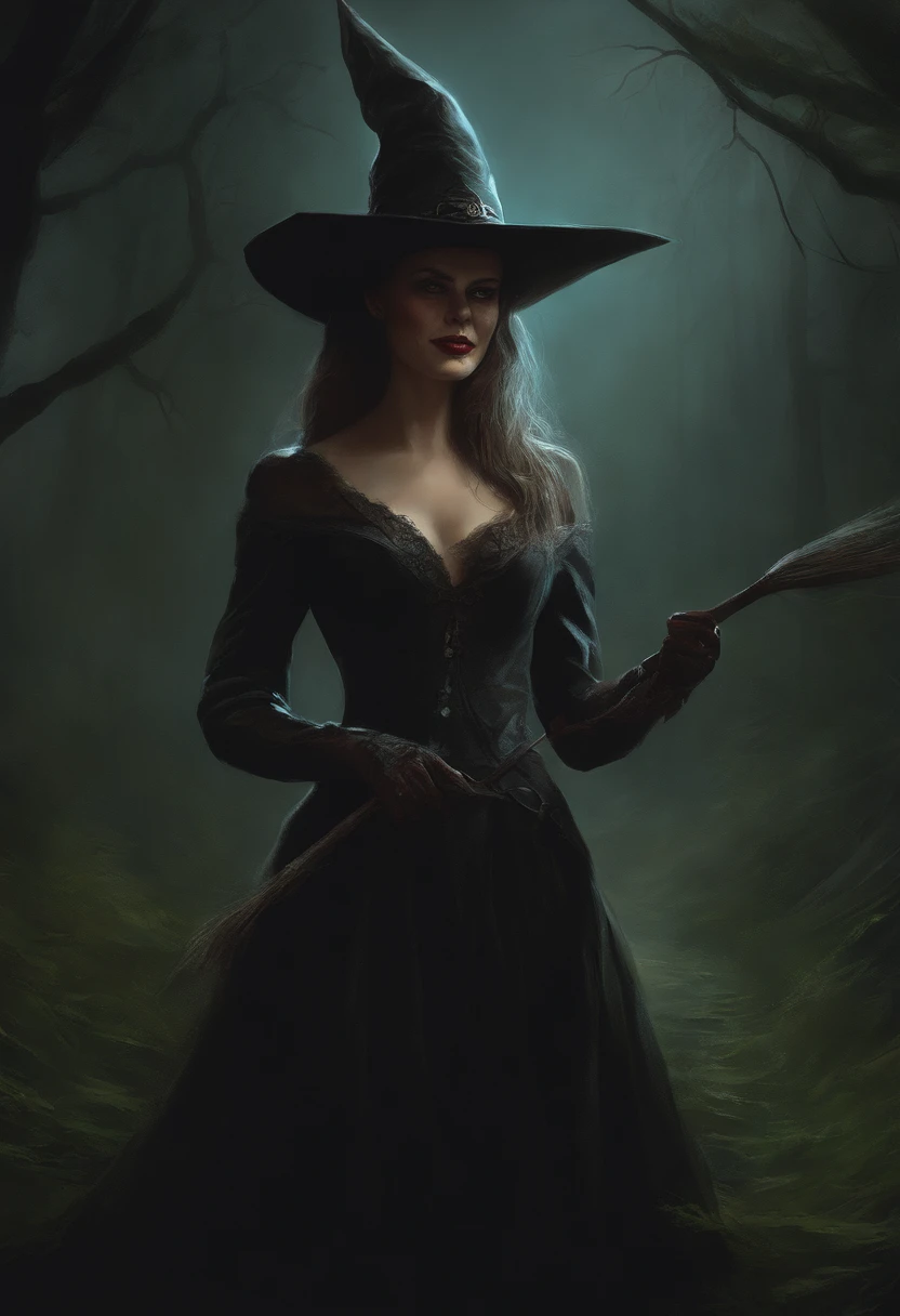 A painting of a witch with a pointed hat, carnage, Sci - Horror Art of Fiction, Science fiction horror artwork, inspired by Aleksi Briclot, woman, de carnage, Horror fantasy art, par Aleksi Briclot, Horror concept art, venin, Art fantastique et horreur, Detailed illustration of 4K horror, grinning, Dark Horror Art