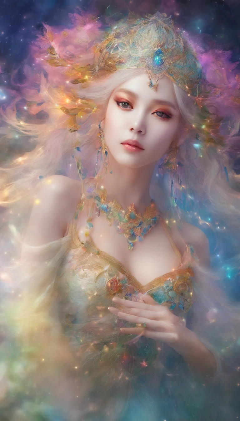 Goddess of dreams,Multi-colored hair,Chinese face,delicated face,rosto magro,Bokeh background,dream magical,on focus,tmasterpiece
