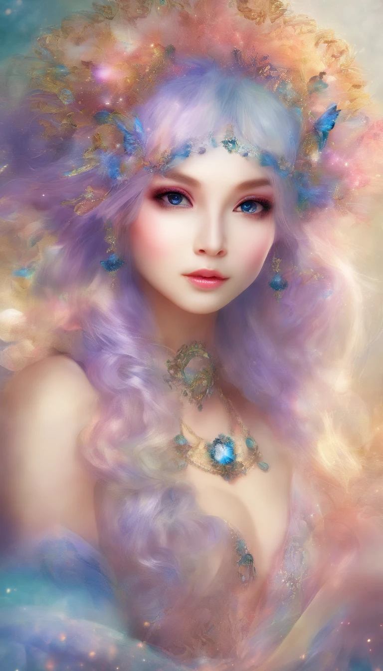 Goddess of dreams，Multi-colored hair，Chinese face，delicated face，rosto magro，Bokeh background，dream magical，on focus，tmasterpiece
