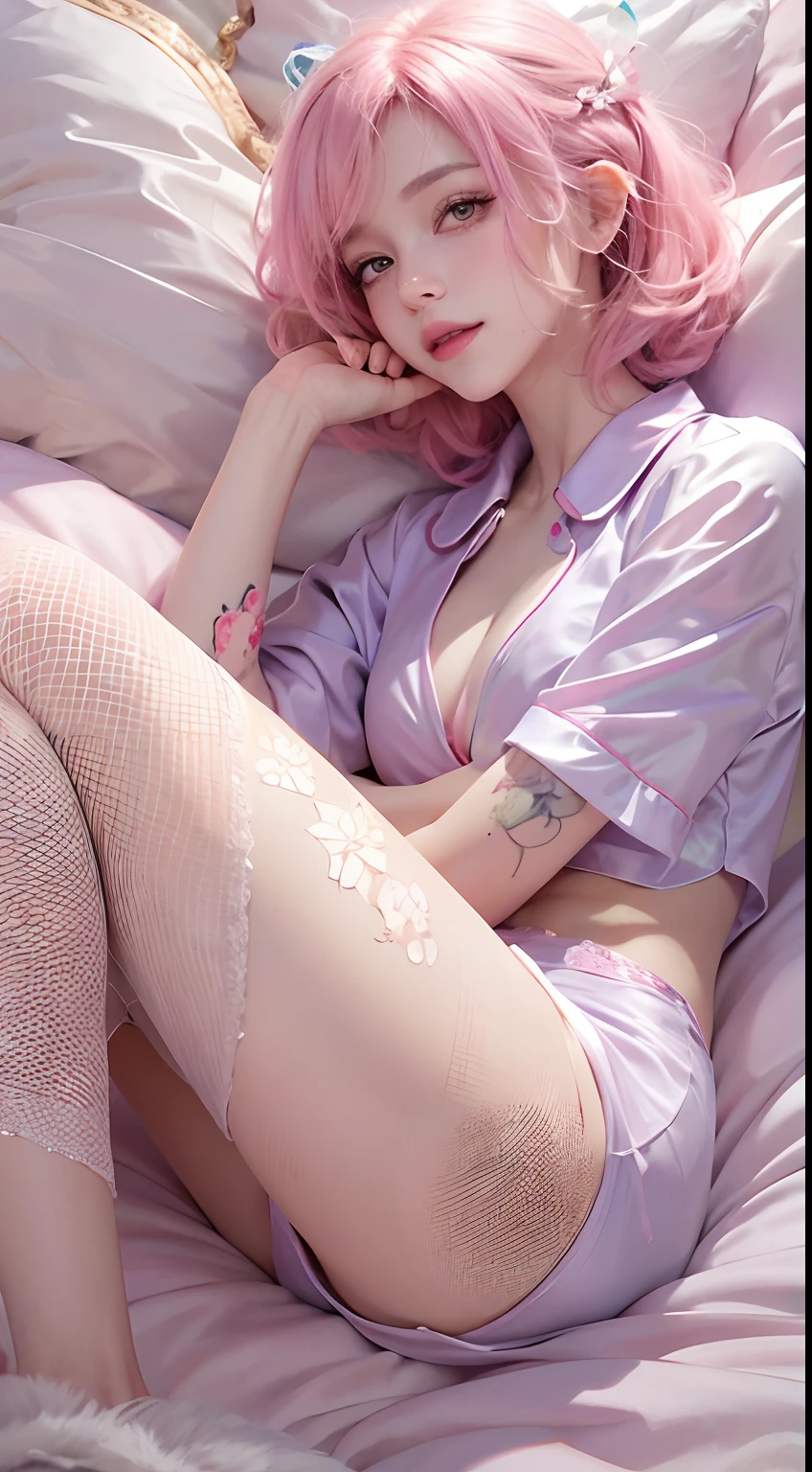 1girll,(Captivating quality:1.4),(True textured skins of the highest quality), Delicate face,Pink twin-tailed hair, Gradient Hair, (perfect bodies:1.1), PUPILS SPARKLING,long eyelasher,grin, hyperphotorealism, Cinematic lighting, projected inset, surrealism, hyper HD, masutepiece, 16 K,Lie down,Dream On,Please wear clear silk pajamas,Carmelto,legs slightly open,tattooed,Fantasy space,Luxurious space