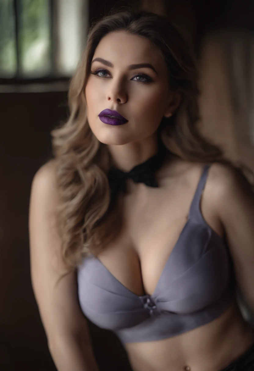 1 beauty，Wear thigh boots，Grey Stockings，Full body photo，Delicate face，Exquisite facial features，Sharp eyes，Clear fingers，Body parts，8K，primitive，Beautiful，high-definition picture quality，realisticlying，Full body photo，dynamicposes，Skin details HD，Large chest，with a well-proportioned body，eyes with brightness，Textured skin，photorealestic，Full buttocks，Full breasts，One-piece tights，Cocked buttocks，Purple lipstick，Wasteland background