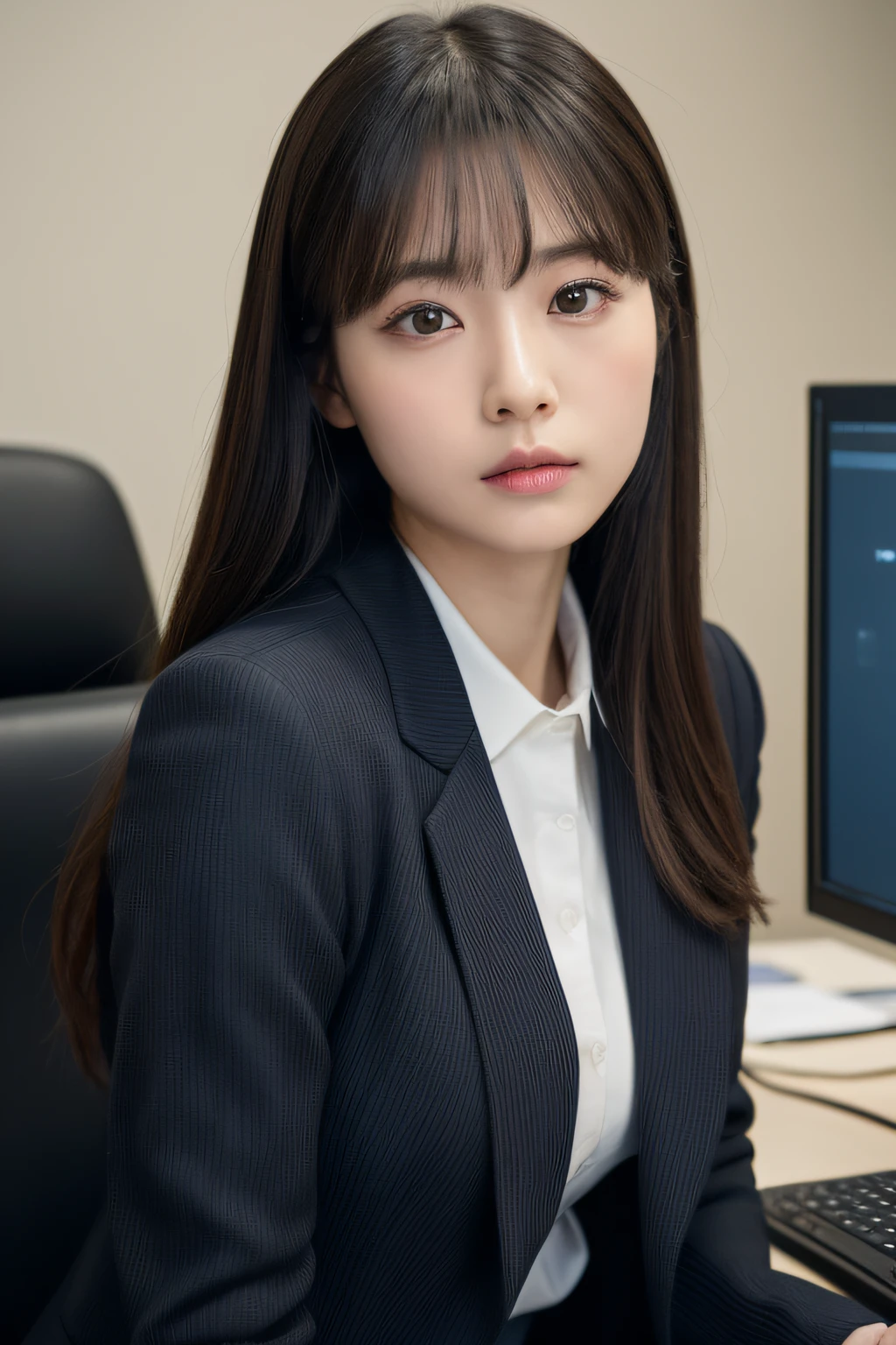 (in 8K、Raw photography、top-quality、masterpiece:1.2)、30-years old、(japanes)、1人の女性、A detailed face、A detailed eye、Detailed mouth、in a office、Sitting in an office chair in front of a computer、Troubled face、wears a suit