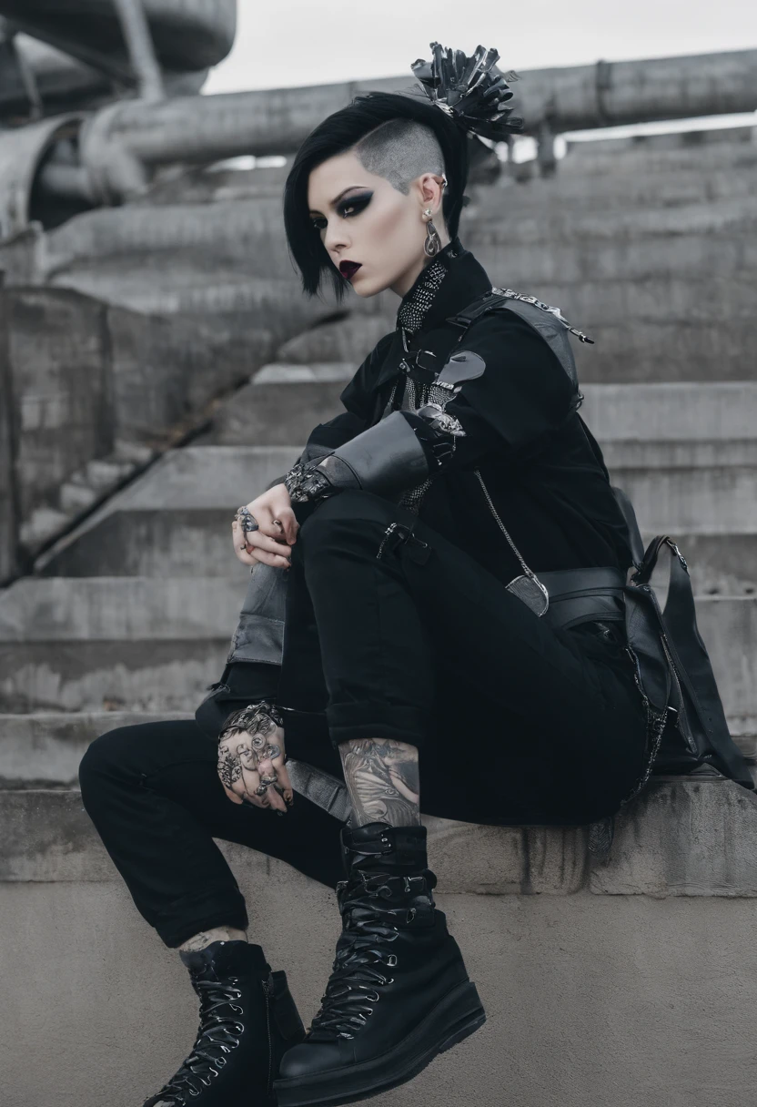 traditional japanese emo geisha skinhead, hairgoth, emo goth spikey fashion shoot editorial style, Hypebeast ultra fast fashion gang signs with goth emo accessories