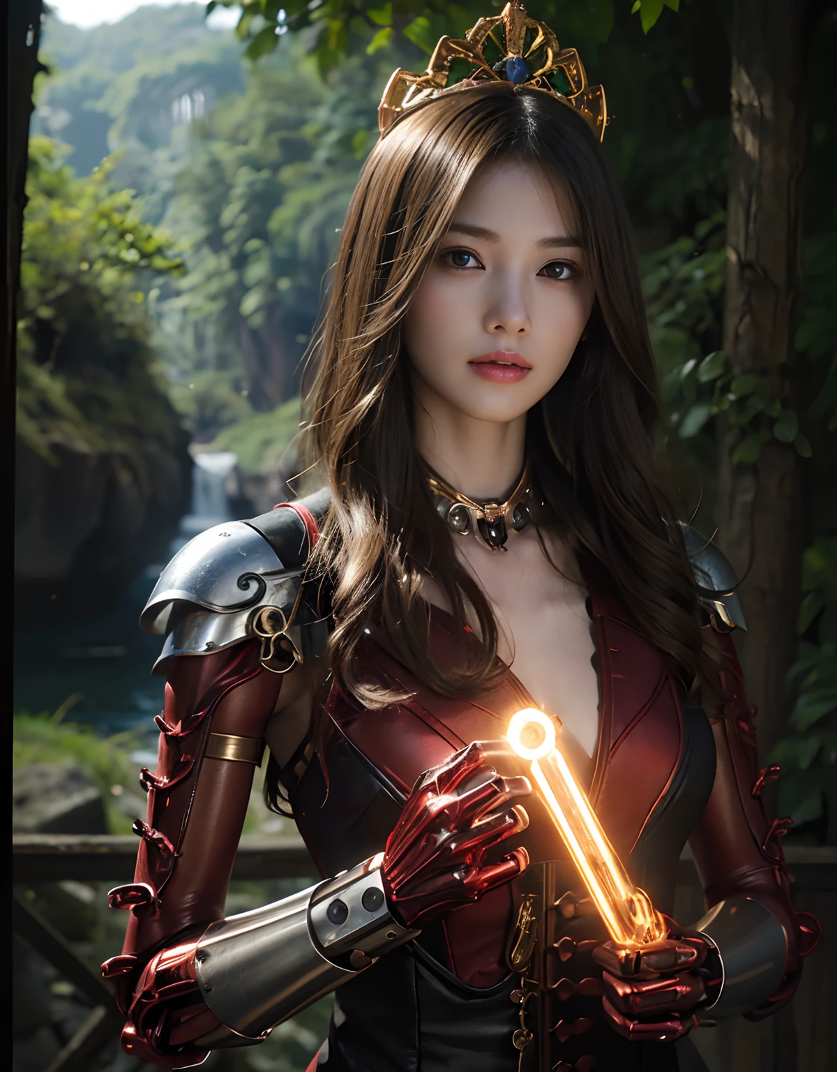 (1 Mechanical Girl)、top-quality、masterpiece、超A high resolution、(Wearing a crown made of jewels),(Photorealsitic:1.4)、Raw photo、女の子1人、Golden hair、glowy skin、(((1 Mechanical Girl)))、(Realistic dragon background)、(Fight big dragons)、With a beautiful knife、(Metal bodysuit)、(beautiful forest background)、Precipitous cliffs、(Small LED)、((super realistic details))、portlate、globalillumination、Shadow、octan render、(One-Eyed Scouter)、8K、ultrasharp、Colossal tits、Raw skin is exposed in cleavage、metals、Details of complex ornaments、Japan details、highly intricate detail、Realistic light、CGSoation Trends、Red Eyes、radiant eyes、Facing the camera、neon details、(Mechanical limbs)、(blood vessels connected to tubes)、Mechanical vertebrae attached to the back、mechanical cervical attaching to neck、(Wires and cables connecting to the head)、Gundam、Small LED、,Mechanical thighs、Toostock、(Hands are also made of machines)、