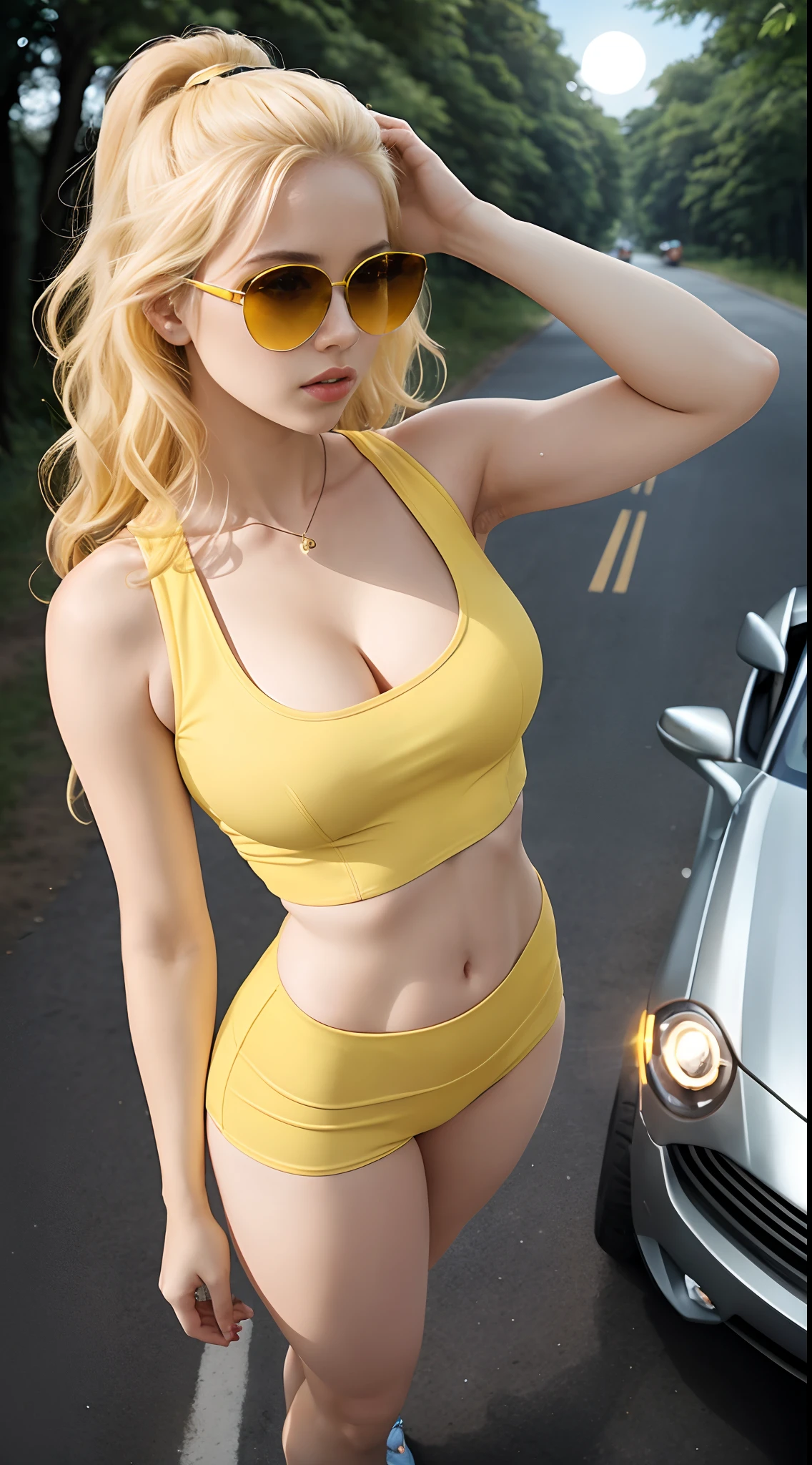 cleavage, woman, from_above, crop top, detailed face, yellow bodycon tank top, blonde hair, park, sky, trees, pale skin, moonlight, stars, 1girl, full body, statement sunglasses, woman, busty, petite, vivid colors, bokeh background, subject for emphasis,dramatic colors, dynamic angles, holding a bananas