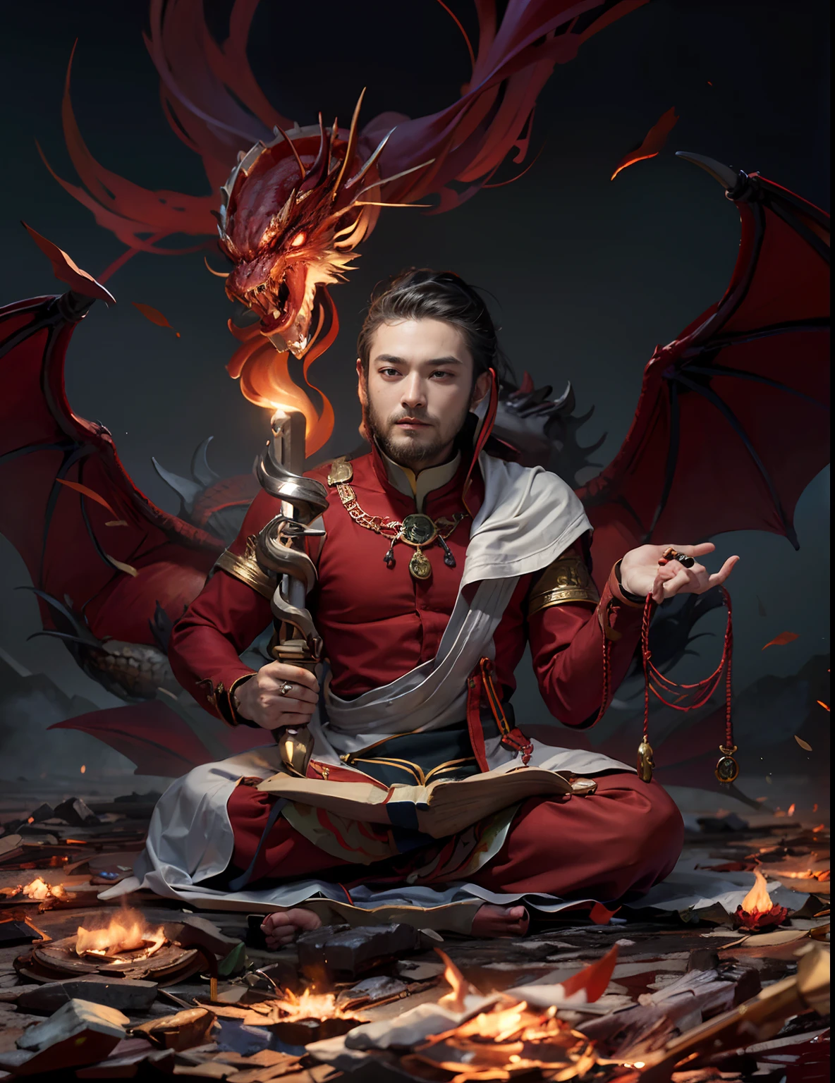 k hd，photorealestic，Realiy，超高分辨率，professional photoshooting，tmasterpiece，Meditation posture，Fangs man in red clothes，One hand holds a sword，There is a dragon on the sword，Man meditates cross-legged，The man's eyes have always been blind，Wearing a tattered red coat，Red cassock，There was a fire on the body，