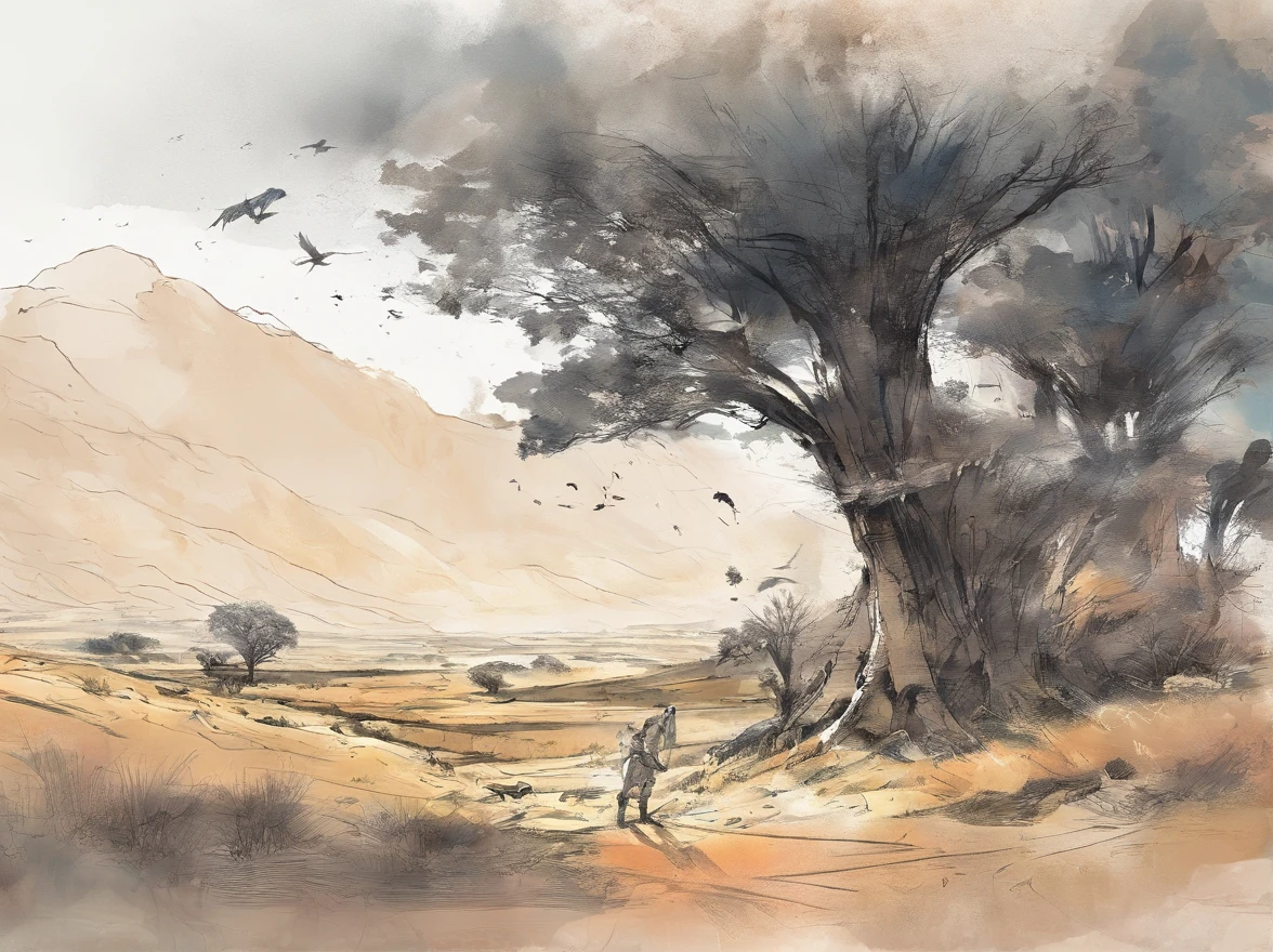 Serengeti landscape painting, ink and watercolor painting, water ink, ink, Stain, Distant view, Ultra wide angle of view, Meticulous, Five cows scheme, Five scalps, Riverside, grassy fields, Tree, Landscape is a mountain,(8k wall paper),,light and shadow effect),octane processing,White balance design,Highly detailed picture depiction,wide angles,depth of field,masterpiece,realistic,Beautifully depicted,Detailed,accurate,Masters' works masterpiece