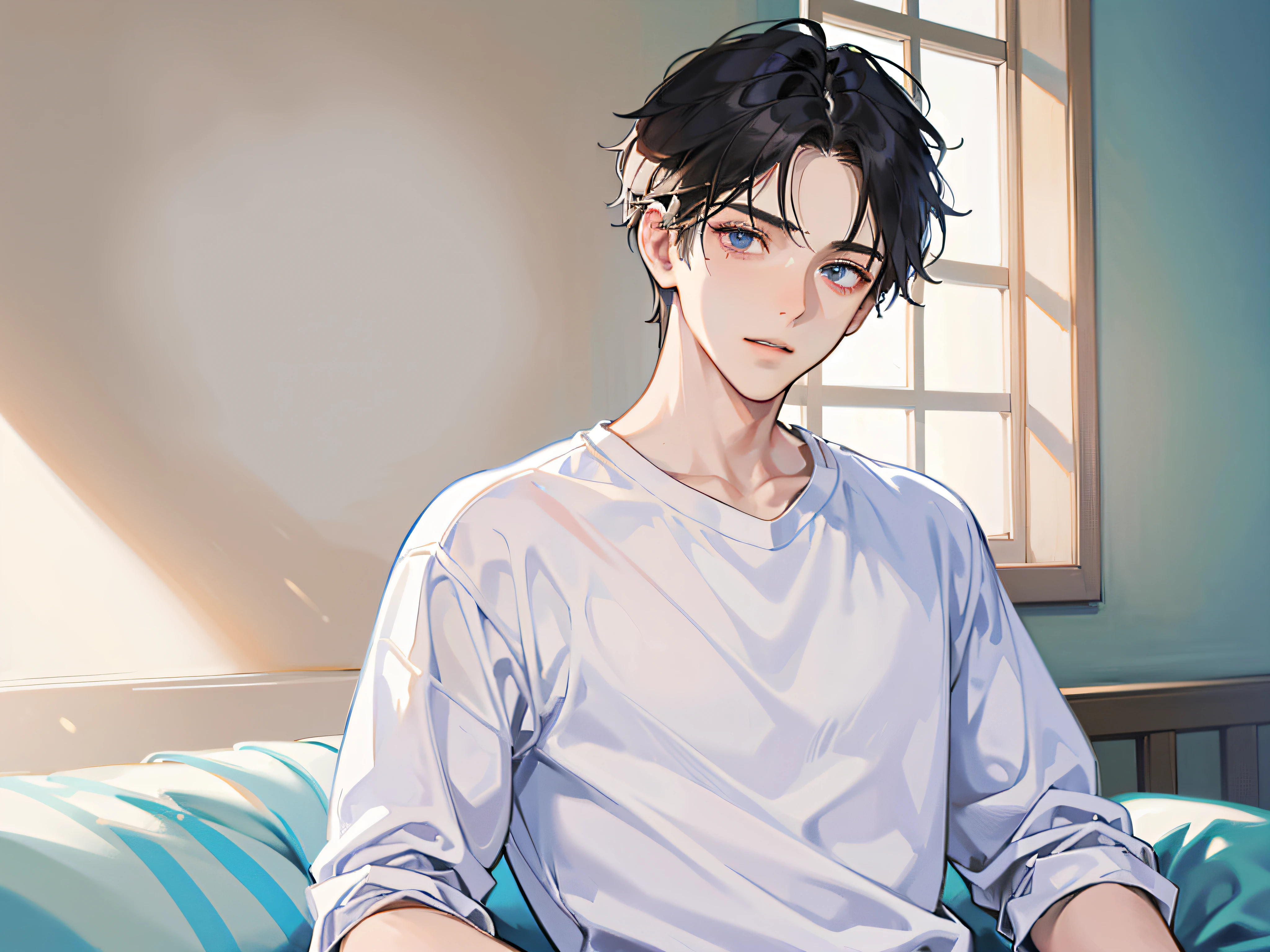 (Man in a white T-shirt 1.4) (Facial pain 1.5) (Sit in the corner of ward 1.4) (Open Your Eyes 1.3) (Show upper body 1.4),wearing pajama