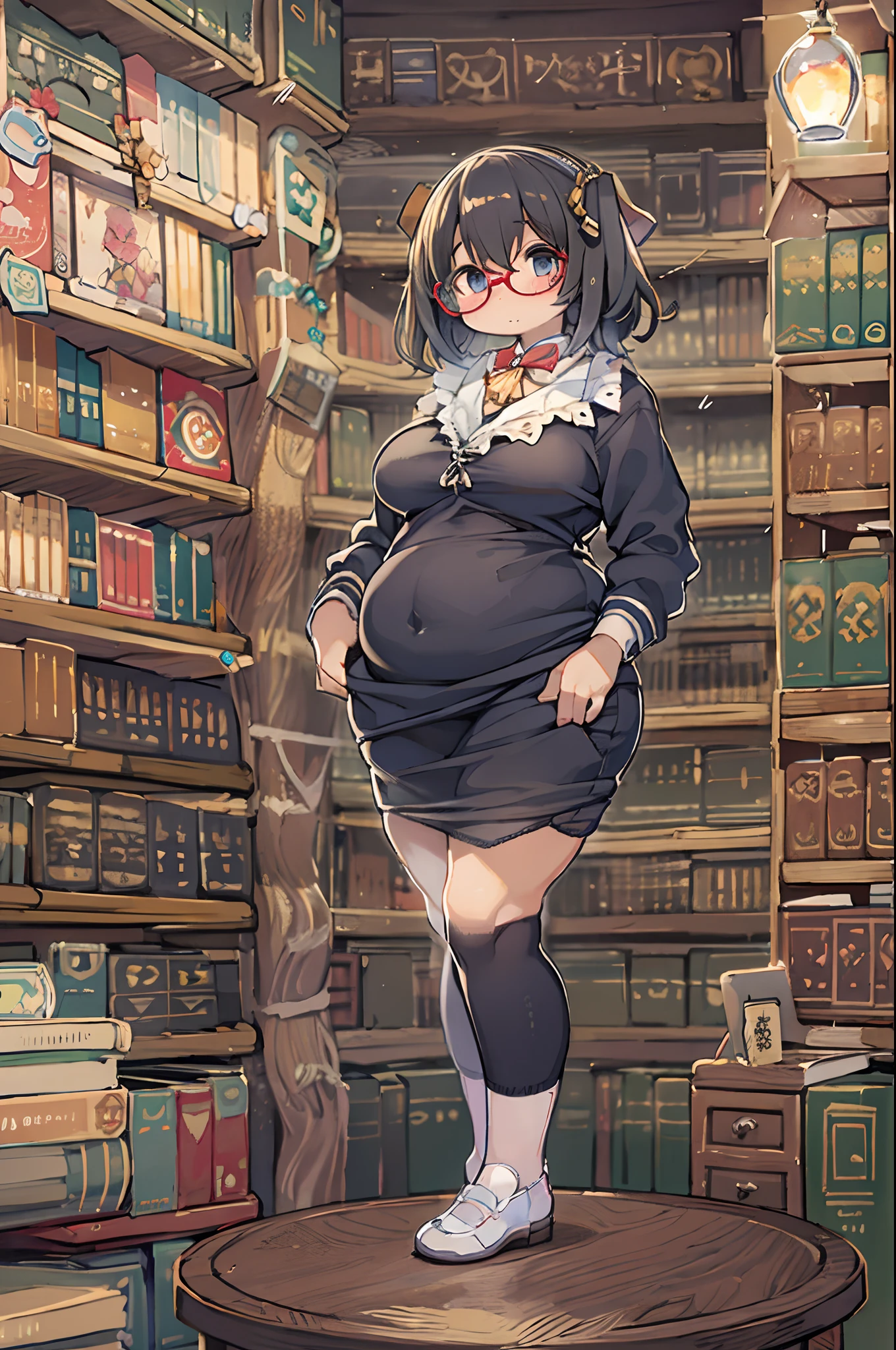 NSFW,Huge library、1 librarian、One Woman、small round glasses、huge-breasted、(((((bbw)))))、pantyshot 、 up skirt、from behind、Panchira