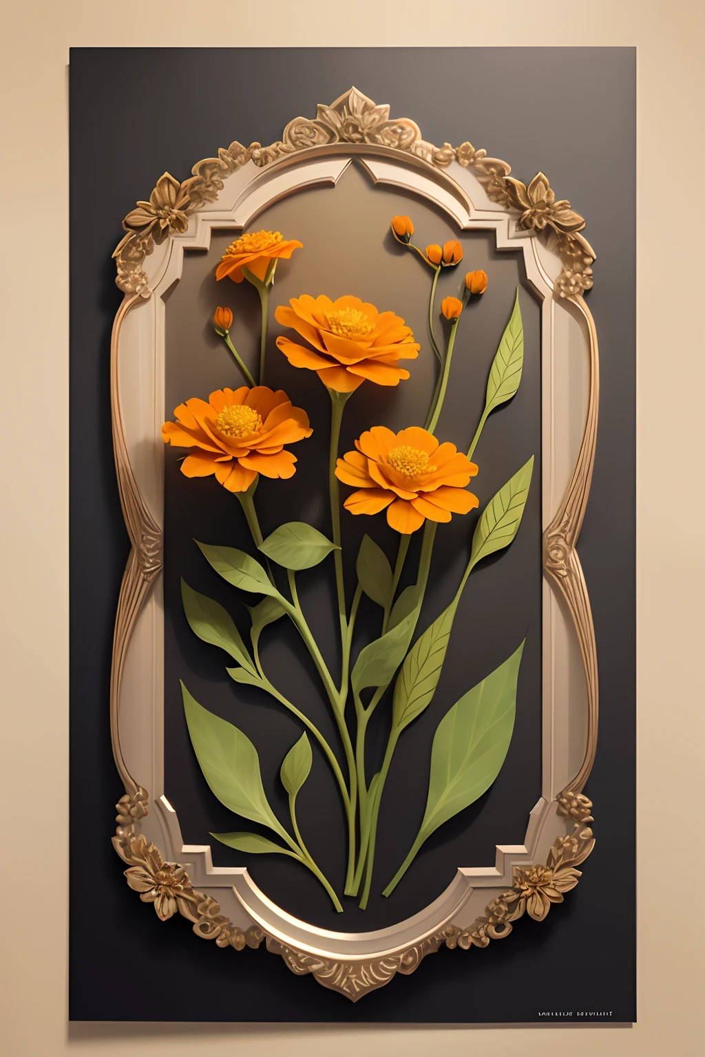 Orange marigold, Delicate pastel background with veined leaf decoration, Thin black lines, The leaves have dark veins, Transparent petals, Warm color scheme, Elegant floral ornaments, Exquisite botany,Paper_cut， Small flowers, Inflorescences of dill, Flat image, Soft light color, Calm beige, Diffused light, Happy mood, Illustrator style, 2D, 4K