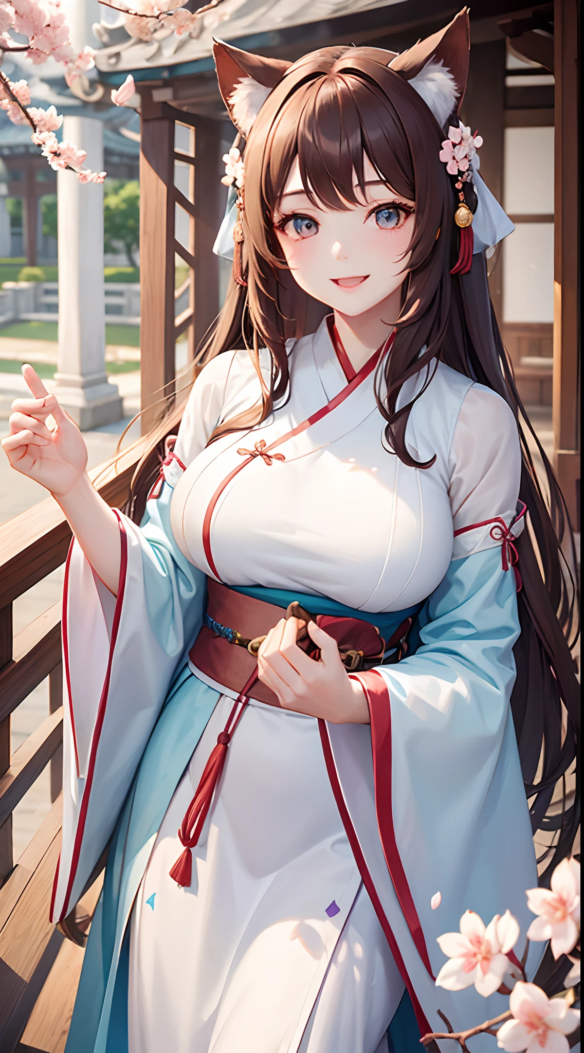 1 girl, Hanfu, temple, look closer, cherry blossom, long brown hair, light blue colour eyes, smiling ,cute reaction, beautiful, pale skin, perfect body figure, big breast 1:3, cute , cat ears
