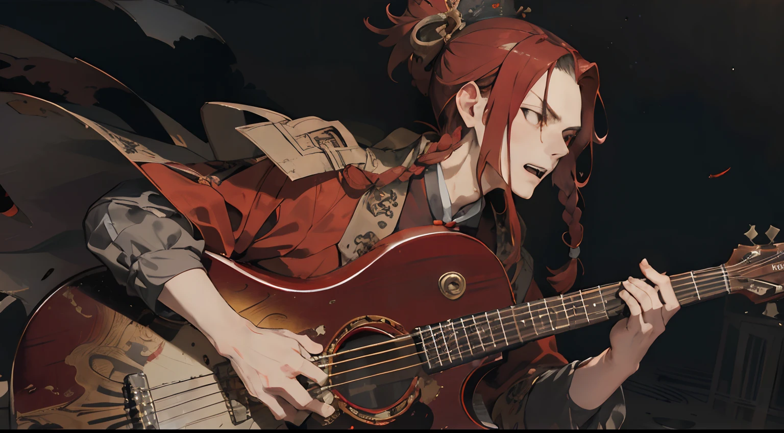 layered textures, Determined, Single Color, Slightly Frowning, Frightening, Calotype, Deeply Thoughtful slim Yuan Dynasty Adult Man, 20 year old Male, Long Red hair styled as Side-swept braids, Offset print, Abstract Art, Oversaturated, Playing Ancient Guitar, Red Coat with Gold Embroidery, Full-body Portrait, Solemn, Facing viewer, Epic, Singing, Yelling