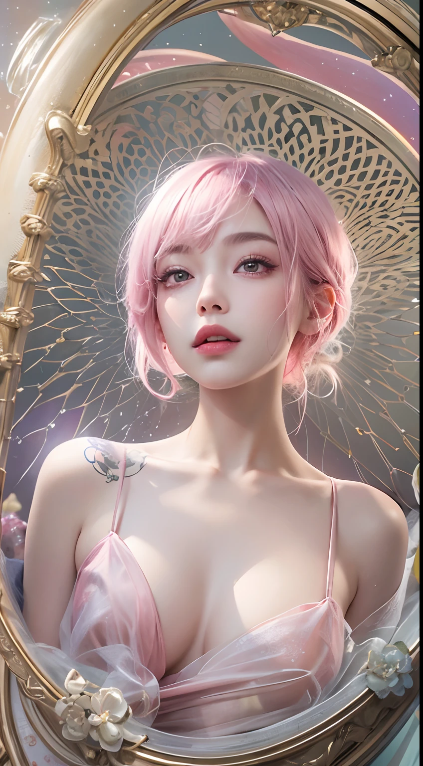 1girll,(Captivating quality:1.4),(True textured skins of the highest quality), Delicate face,Pink twin-tailed hair, Gradient Hair, (perfect bodies:1.1),,long eyelasher,grin, hyperphotorealism, Cinematic lighting, projected inset, surrealism, hyper HD, masutepiece, 16 K,Lie down,Dream On,Please wear clear silk pajamas,Carmelto,legs slightly open,tattooed,Fantasy space,Luxurious space