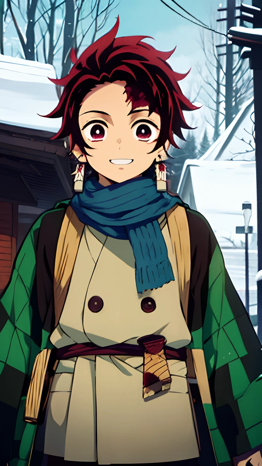 Tanjiro Kamado,1 boy,(Short red hair),Black and green plaid haori,(blue scarf),masutepiece,Best Quality,Solo,A smile、cowboy shot