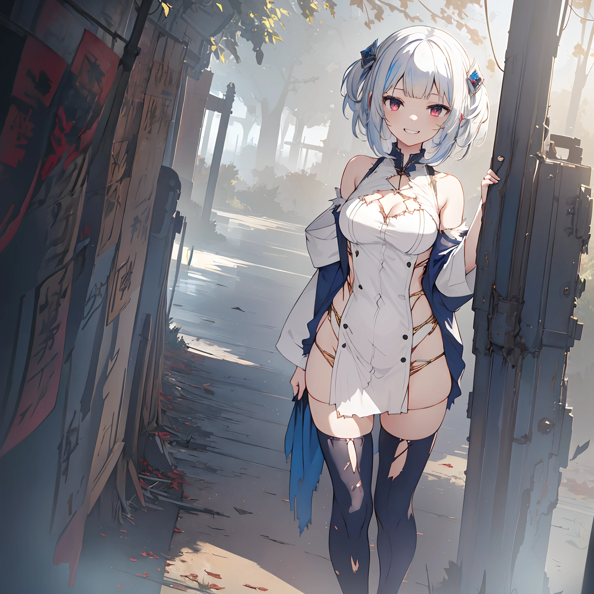 1girl, solo, white hair, (blue fringes), Gawr_Gura, gold hair ornament, slim figure, (torn kneehighs), red eyes, short hair, small breasts, grin, highly detailed maid_dress, (shoulder look, (back facing the Viewer)), ((fog)), (ashes), (wind magic)