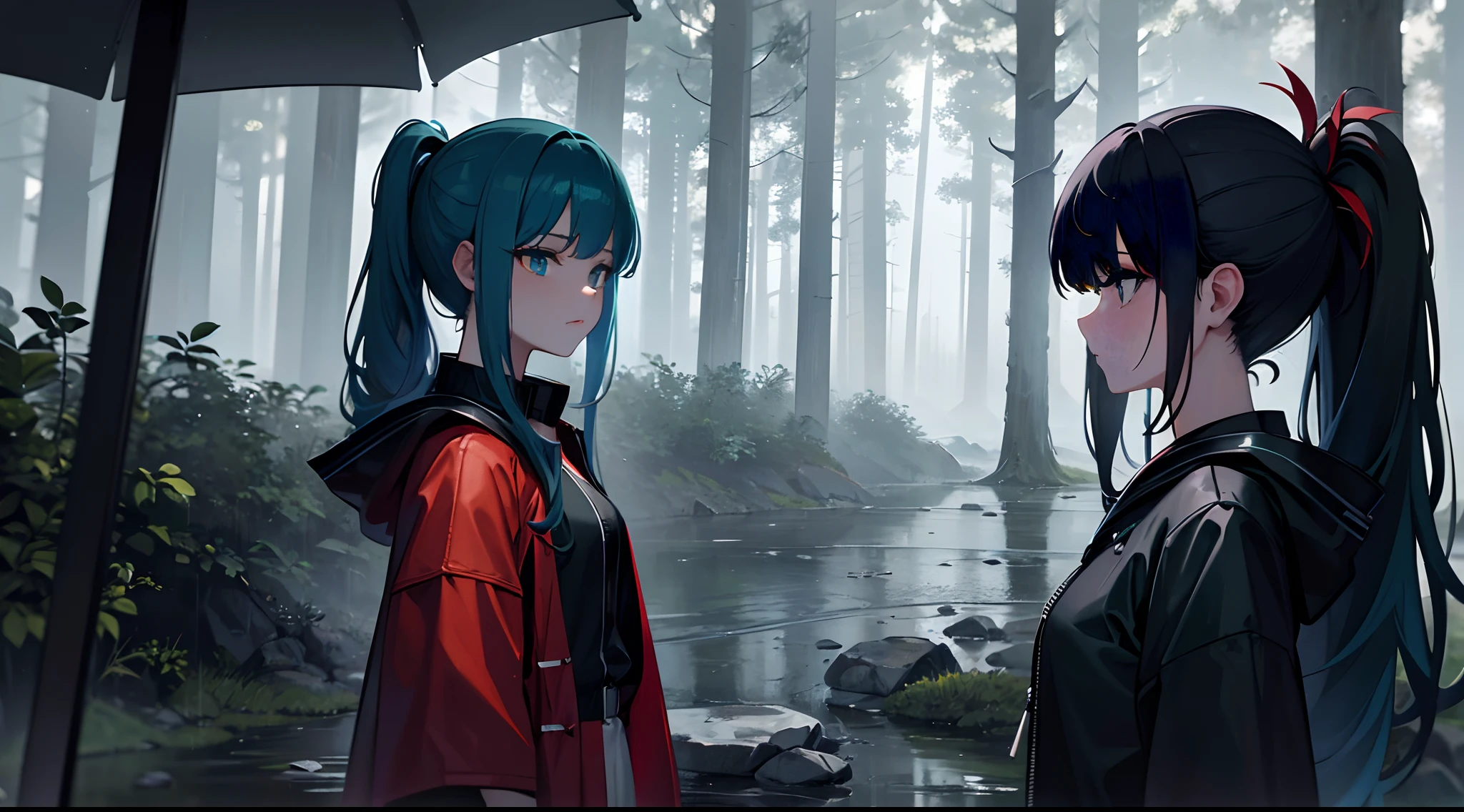 masterpiece, lots of detail, 4k, 8k, ((ultra-detailed)), highres, 2girls, outerwear, rainy forest, rain, autumn, looking away, {red hair|green hair|black hair|blue hair}, {ponytail|short hair|long hair|curly hair}