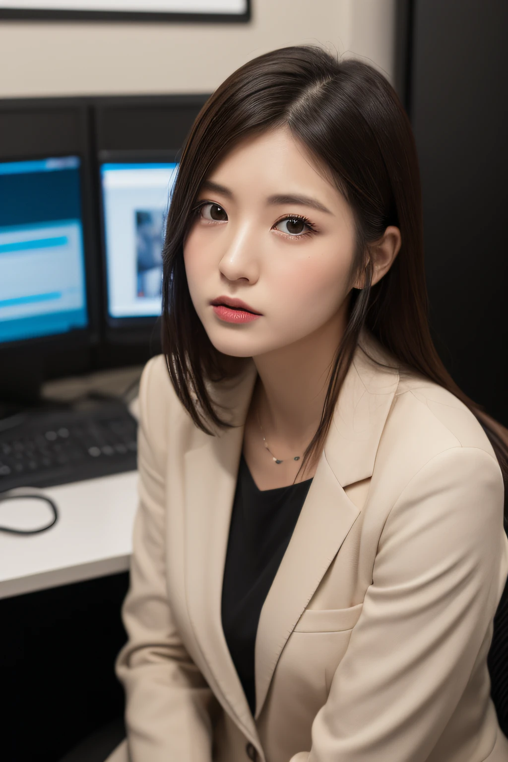 (in 8K、Raw photography、top-quality、masterpiece:1.2)、30-years old、(japanes)、1人の女性、A detailed face、A detailed eye、Detailed mouth、in a office、Sitting in an office chair in front of a computer、Troubled face、wears a suit