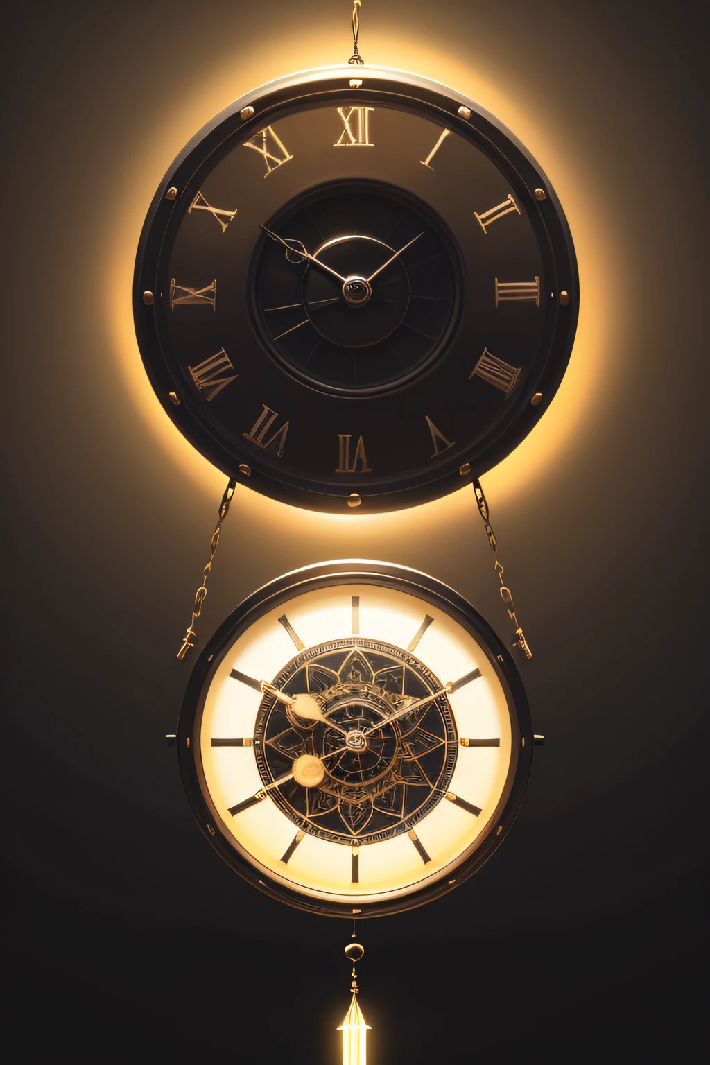 A clock of time, em estilo anime com detalhes obscuros que chama roxa, suspended in the air with various black details and with a background in solid yellow color