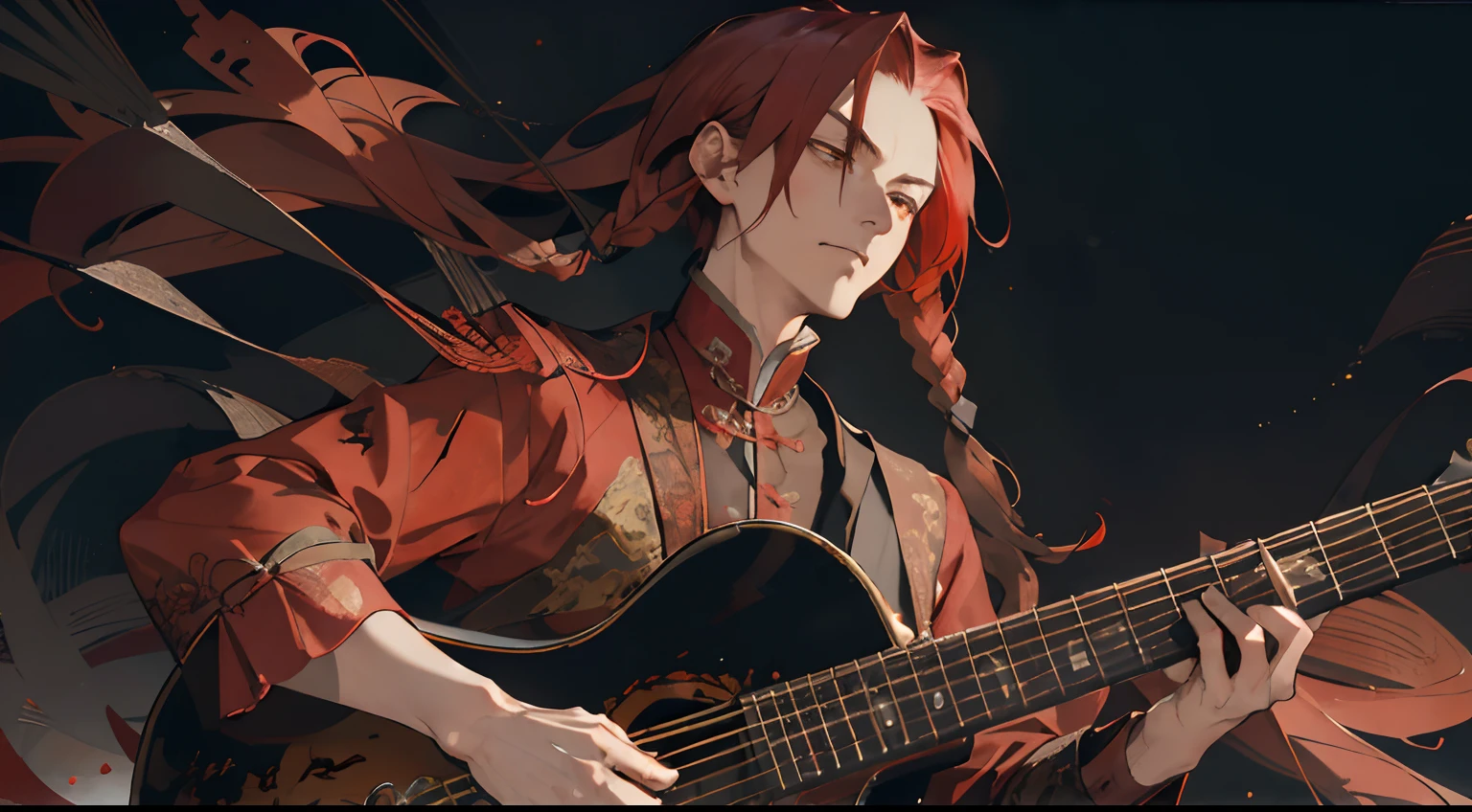 layered textures, Determined, Single Color, Slightly Frowning, Frightening, Calotype, Deeply Thoughtful slim Yuan Dynasty Adult Man, 20 year old Male, Long Red hair styled as Side-swept braids, Offset print, Abstract Art, Oversaturated, Playing Ancient Guitar, Red Coat with Gold Embroidery, Full-body Portrait, Solemn, Facing viewer, Epic, Singing, Yelling
