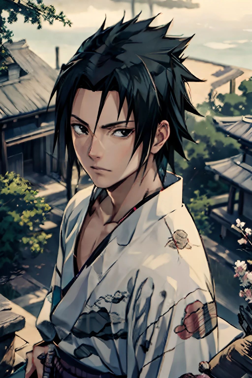 Sasuke uchiha, (Sasuke), beautiful face, masterpiece, best quality, (1 man), 25 years, mature, short hair, elegant nose, pale skin, broad shoulders, korean hair, black hair, korean face, (one of the eyes covered by bangs) black eyes, wearing kimono, ninja clothes, shinobi, feudal japan, from above, depth of field, feudal city, end of day, twilight, dusk, dark theme,  Masashi Kishimoto Traces