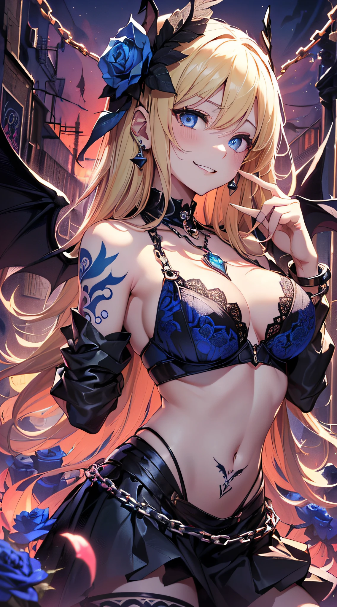 top-quality、Top image quality、masterpiece、girl with((18year old、Dark clothing、Dark bra、Dark skirt、 Best Bust、Bust 90、Blonde long、Blue eyes、open chest wide、Valley、Happiness、A slender、Provocative behavior、Evil face、Handcuffed、High laughter、Skull Tattoo、Tattoo of roses、Targeting your audience、Tighten blue rose hair、Aura of Darkness,Dark Forces,blue flames、Chain Accessories、Black wings、Peace sign with both hands))hiquality、Beautiful Art、Background with((prison、Dark impression、nightcity,Red sky、Many bats、many chains、the magma))、masutepiece、Elaborate design、visualart、dark art