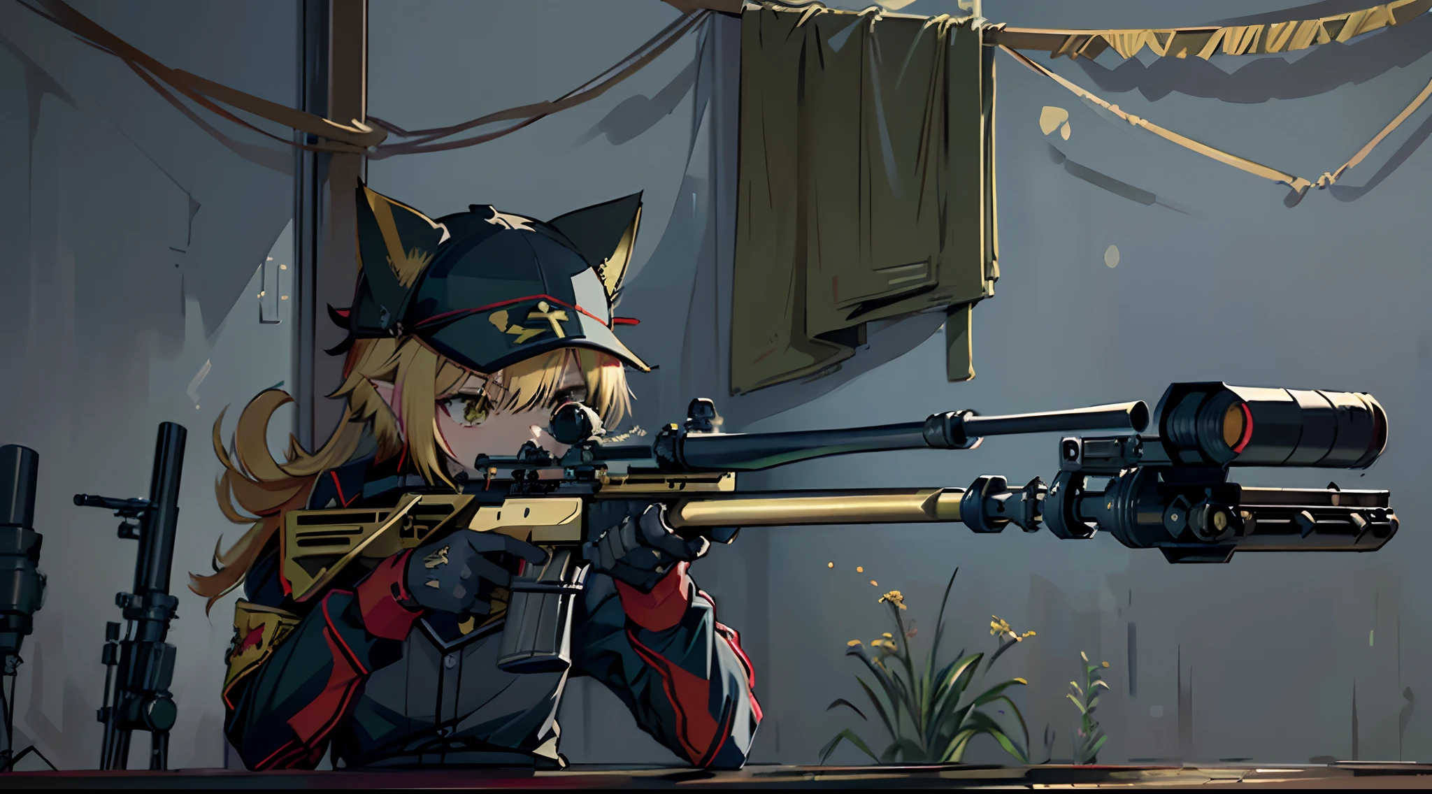 Solo、((Best Quality)), ((masutepiece)), (Highly detailed:1.3), ((Cat's ears)), ((Hold a sniper rifle)), ((Bolt-Action Rifles), (Have cat ears)), ((no sleeves)), ((Baseball Uniforms)), ((Red Baseball Cap)),hoop earings, (blondehair), ((short-hair)), Woman, girl, zydG