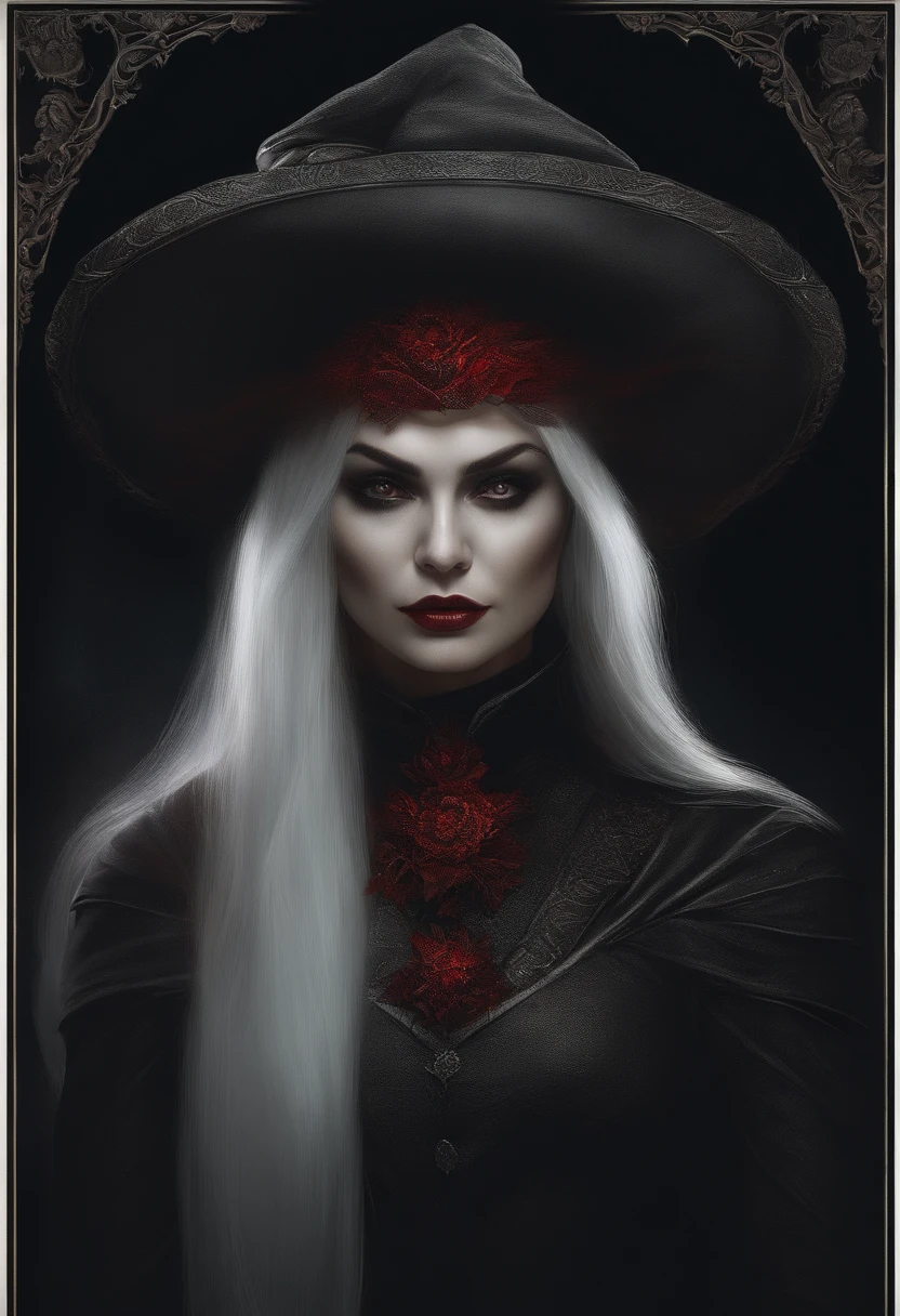 A painting of a  witch with a red eyes, wearing pointed hat, inspired by Aleksi Briclot, woman, de carnage, Horror fantasy art, par Aleksi Briclot, Horror concept art, venin, Art fantastique et horreur, Detailed illustration of 4K horror, Dark Horror Art