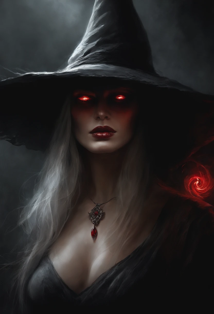 A painting of a witch with a red eyes, wearing pointed hat, inspired by Aleksi Briclot, woman, de carnage, Horror fantasy art, par Aleksi Briclot, Horror concept art, venin, Art fantastique et horreur, Detailed illustration of 4K horror, Dark Horror Art