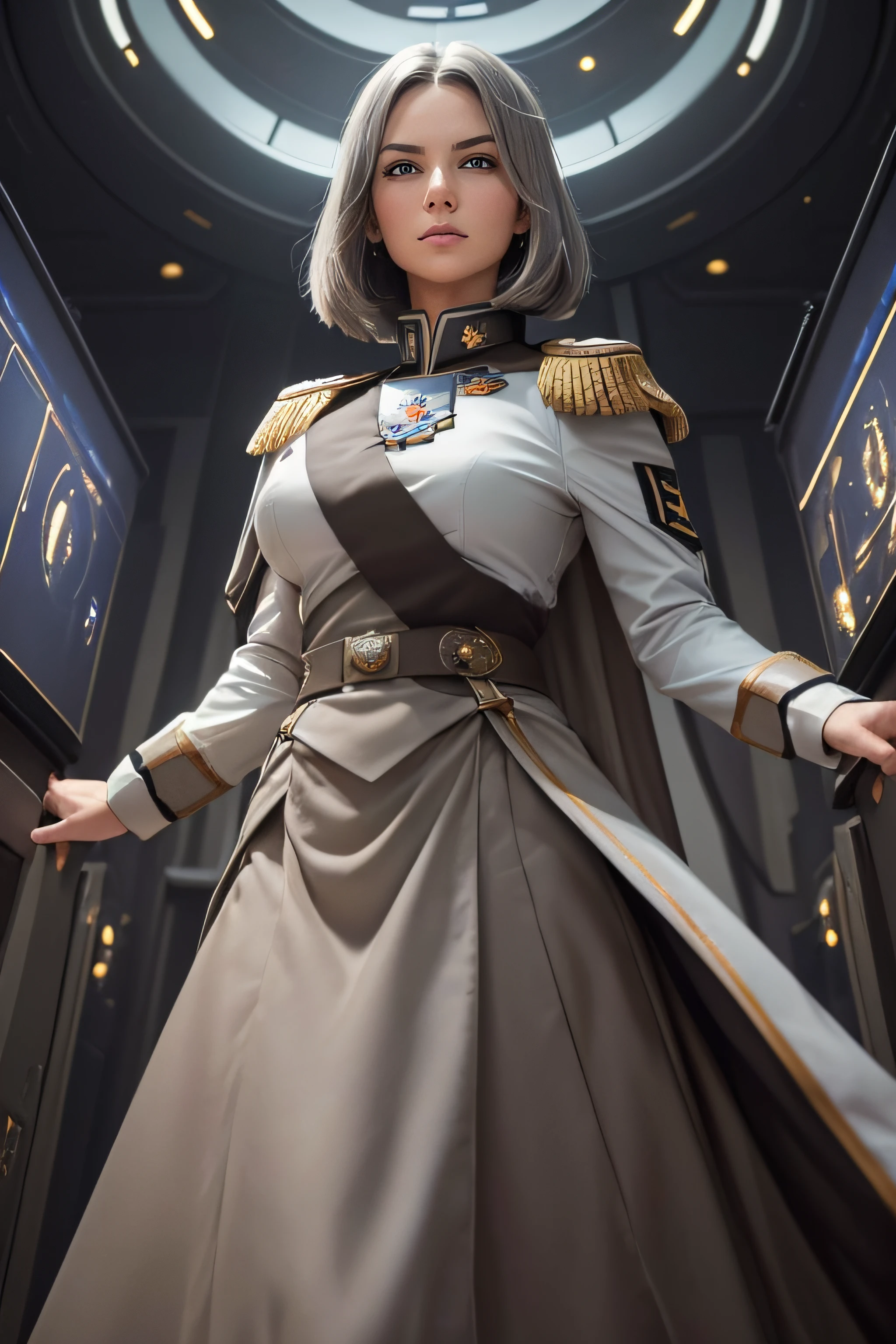 (masterpiece), best quality, realistic, expressive eyes, perfect face, (half body shot:1.5), (Stand with legs close together),(Gray-Light brown trim bob hair), (Golden Epaulette Shoulder), A Space Military Empress who very disciplined and focused, She has a cold and serious demeanor, (Long Skirt),(Gray color Uniform),(evil eyes), (evil face), (Space War room as background)