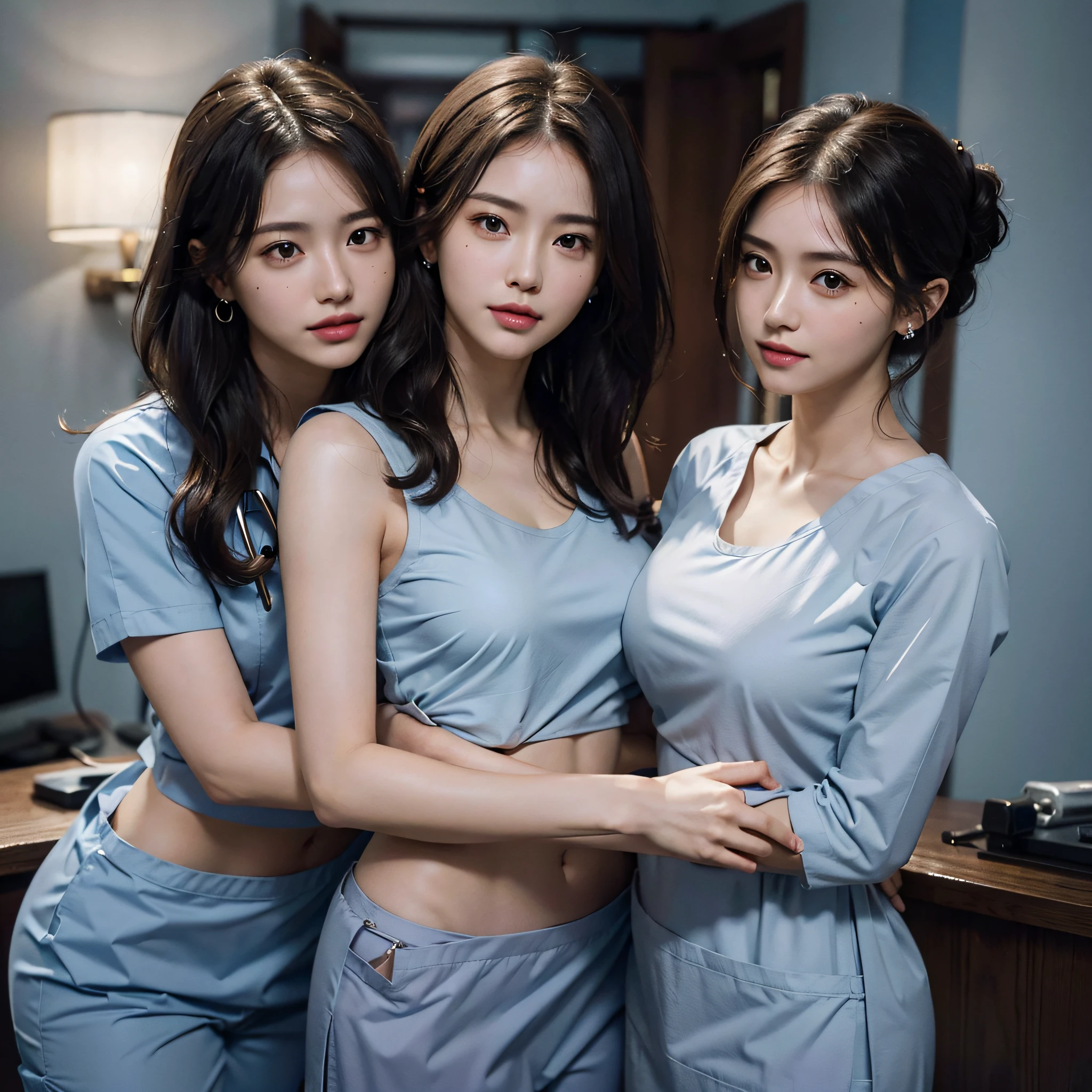 absurdres, RAW photo, extremely delicate and beautiful, masterpiece, Best Quality, ultra high resolution, 16k, hyperrealistic, ultra-detailed, Very detailed CG 8k wallpaper, Beautiful Lighting, Perfect Lightning, Realistic Shadows, perfect anatomy, super Detailed skin, perfect figure, Japanese woman, late 20s, very Slim body, narrow waist, very small head, handsome detailed woman, very detailed eyes and face, realistic face proportions, Stunning detailed eyes, Realistic beautiful face, very small face, Realistic small beautiful eyes, double eyelids, makeup, tearful mole, mole on chest, earring, bare legs, beautiful and very thin legs, beautiful and very thin thighs, (((very huge round breasts))), (((full body shot))), ((short hair)), wavy hair, (((nurse, light blue scrubs))), midriff peek, (sleeveless), (((yuri))), (((((2.5 girls))))), (hug),