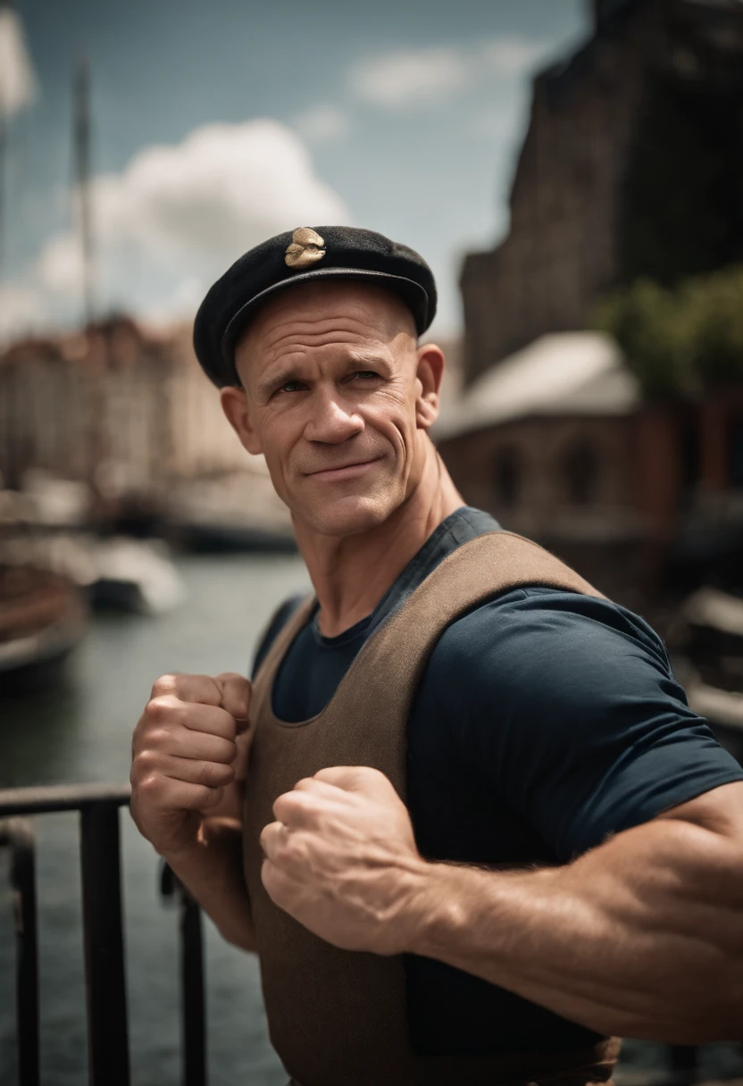 32k, realistic popeye, popeye the sailorwith disproportionally big forearms, forearms girthier than arm, 16k, popeye the sailor, forearms bigger than biceps, arms like popeye from the cartoon
