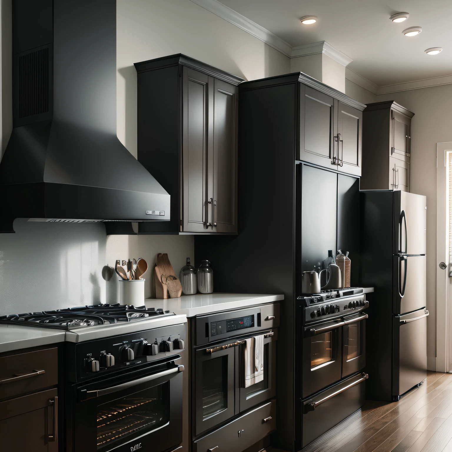 Black slate appliances with  Range Hood Chic