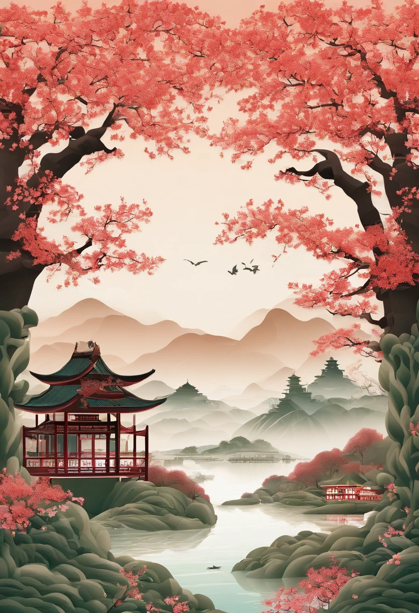 The east wind lifted the spring coat, And walk in search of the scent and return. Red mirror peach blossom smile, Green trees and willows fly together. Wandering winding trails poor vanilla, Melancholy Jolin Hanging Luo Hui. Remember where you are now, Concubine Chai is on the west side of the restaurant. Traditional Chinese painting
