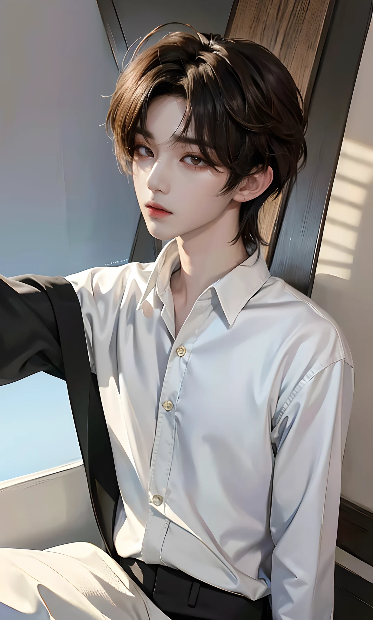 masterpiece、(top-quality)、((high-level image quality))、One Manly Boy、((White Y-shirt and long black pants))、(Detailed beautiful eyes)、Stylish homeroom、Take a selfie while sitting with your back to the wall、Face similar to Chaewon in Ruseraphim、((short hair above the ears))、((Smaller face))、((Neutral face))、((Light brown eyes))、((Korean boy))、((18year old))、((Handsome man))、((Wild look))、((Korean Makeup))、((elongated and sharp eyes))、((selphie))、((Selfie near the face))、((Close-range shooting))