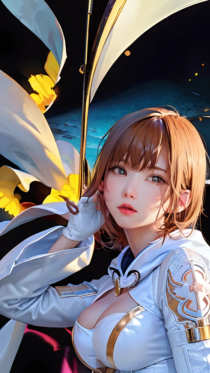 (masterpiece、top-quality、top-quality、Official Art、Beautifully Aesthetic:1.2)、(1girl in)、ighly detailed、(Fractal art:1.2)、(Photorealistic:1.4)、colourfull、highestdetailed、face perfect、The upper part of the body、HDR、(doa:1.3)、(White cloak golden lines:1.2)、intergalactic、(light streaks)、striking visuals、(Dynamic streaks、Bright trajectory:1.2)、vivd colour、
