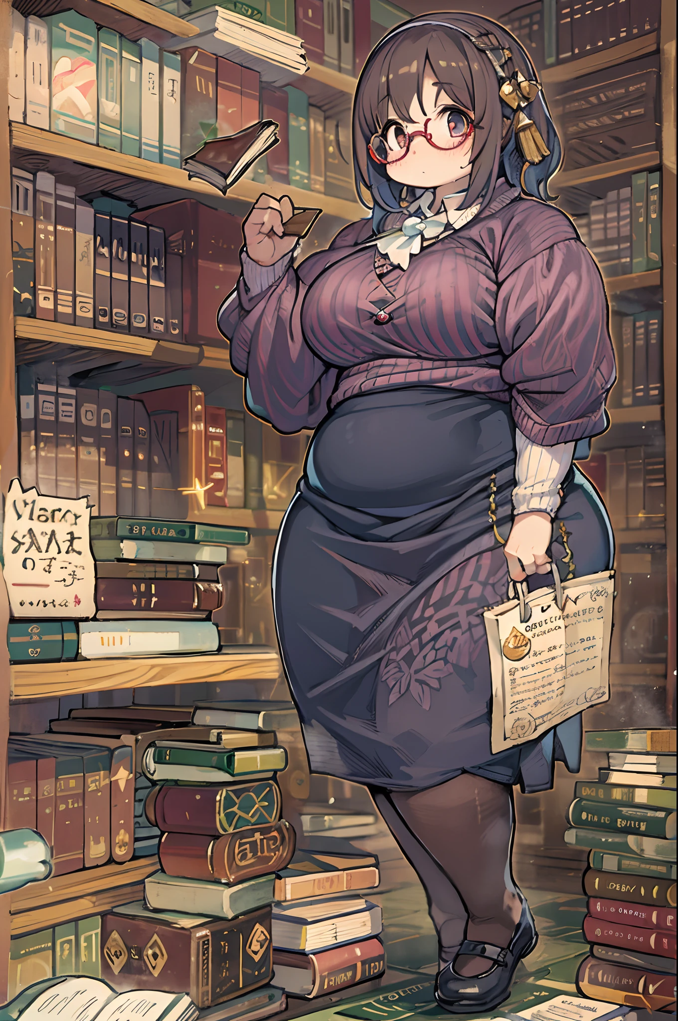 Istoire、Huge library、1 librarian、One Woman、small round glasses、bbw
